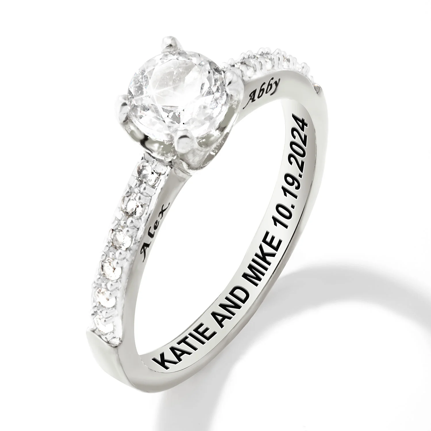 Platinum over Sterling Brillant White Topaz Open Heart Engraved Wedding Ring - Image 4