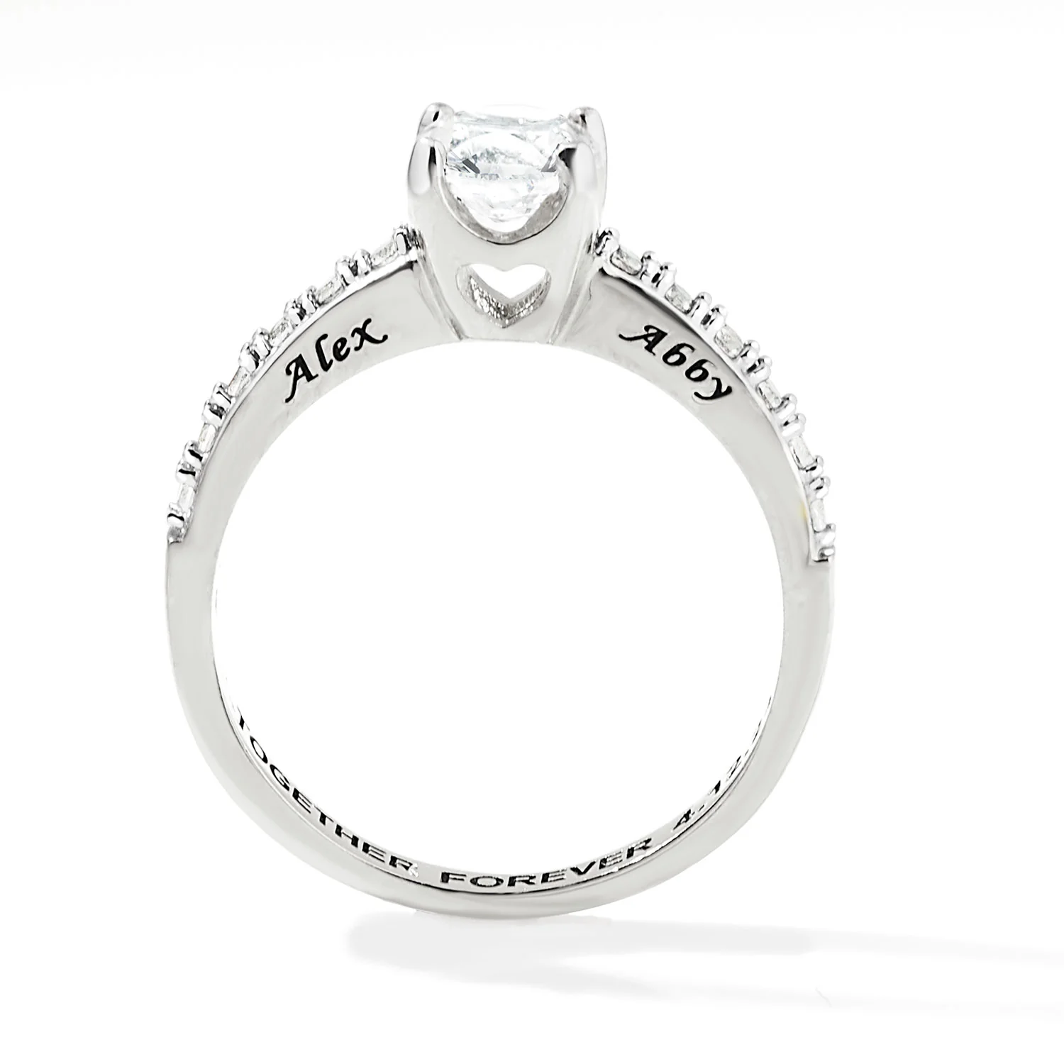 Platinum over Sterling Brillant White Topaz Open Heart Engraved Wedding Ring - Image 5