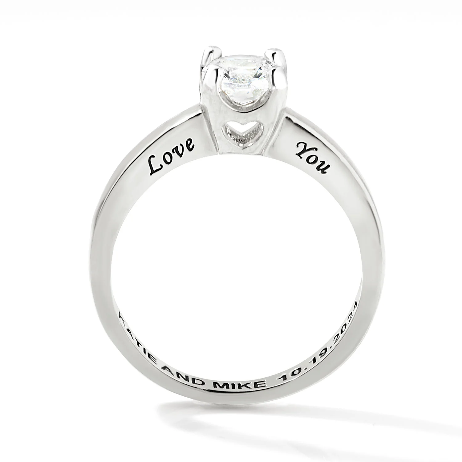 Platinum over Sterling Brillant White Topaz Solitaire Open Heart Engraved Wedding Ring - Image 5