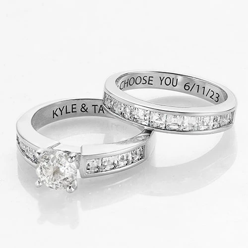 Platinum over Sterling Brilliant White Topaz 2 Piece Engraved Wedding Set - Image 4