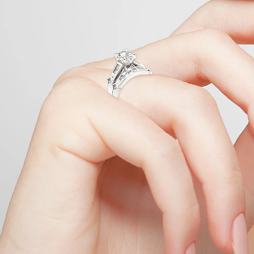 Platinum over Sterling Brilliant White Topaz 2 Piece Engraved Wedding Set - Image 3