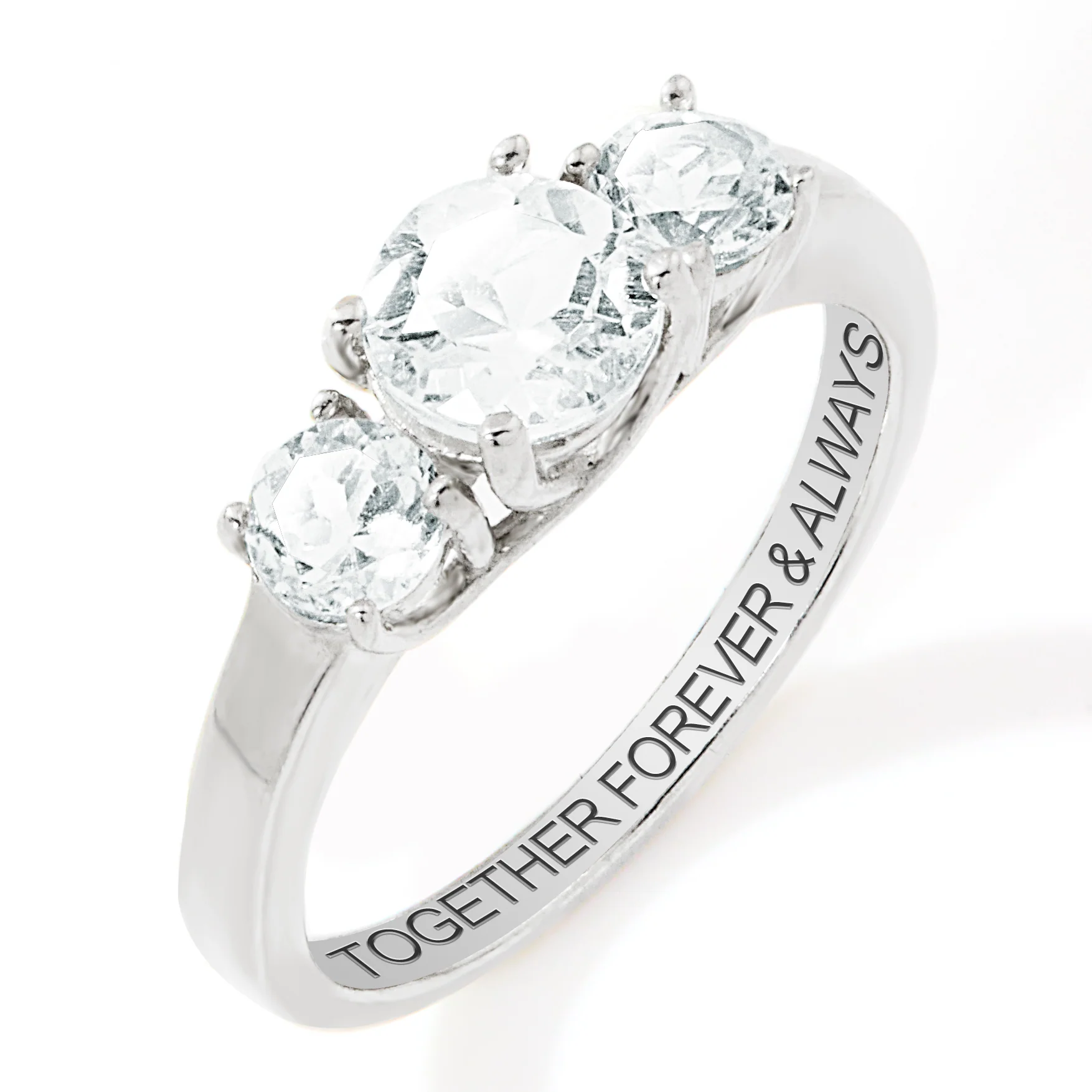 Platinum over Sterling Brilliant White Topaz Three Stone Engraved Wedding Ring - Image 4