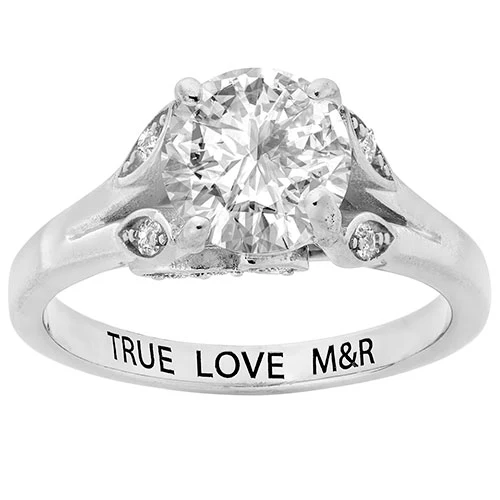 Platinum over Sterling Brilliant White Topaz with Leaf Detail Engraved Wedding Ring - Image 3