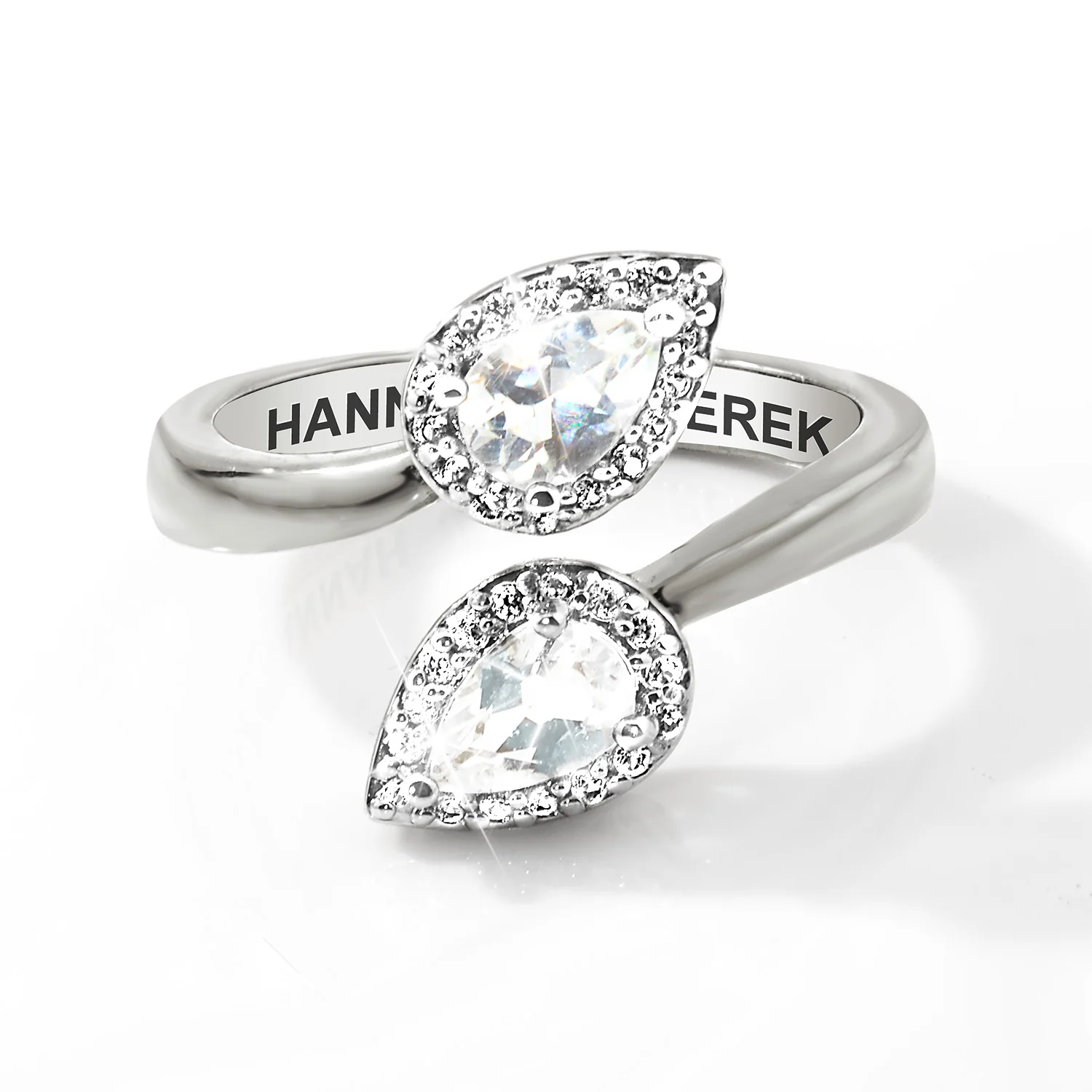 Platinum over Sterling Halo Pear White Topaz Engraved Bypass Ring