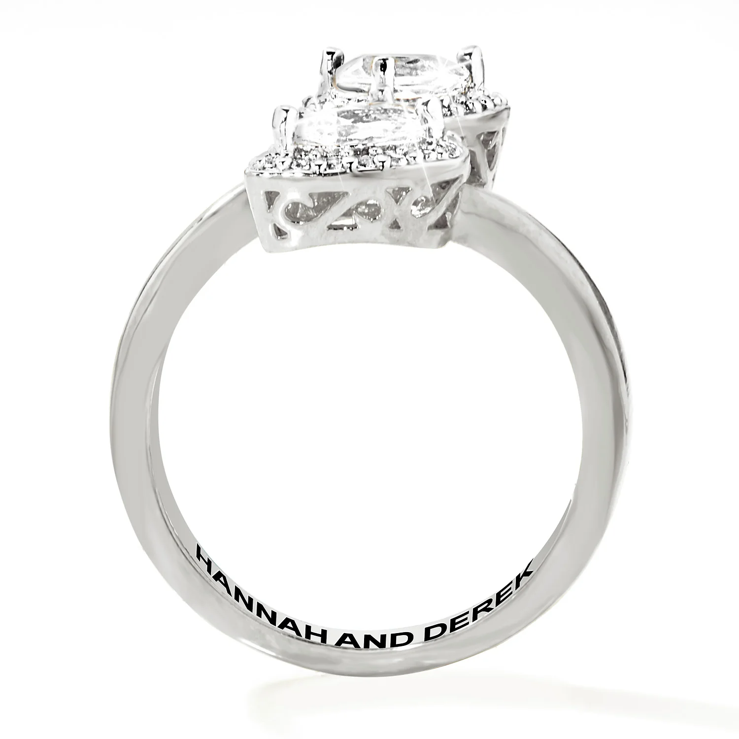 Platinum over Sterling Halo Pear White Topaz Engraved Bypass Ring - Image 4