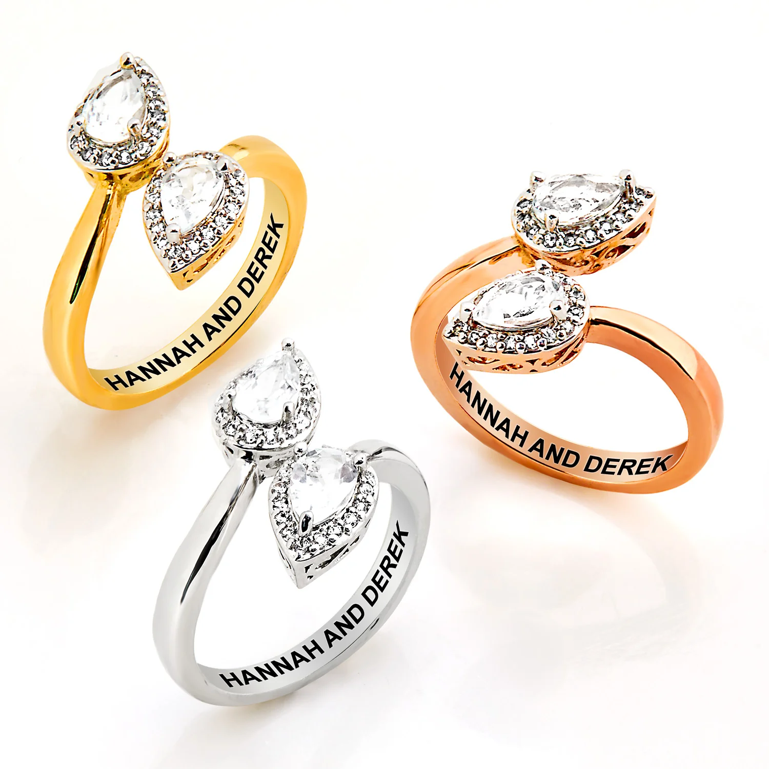 Platinum over Sterling Halo Pear White Topaz Engraved Bypass Ring - Image 5