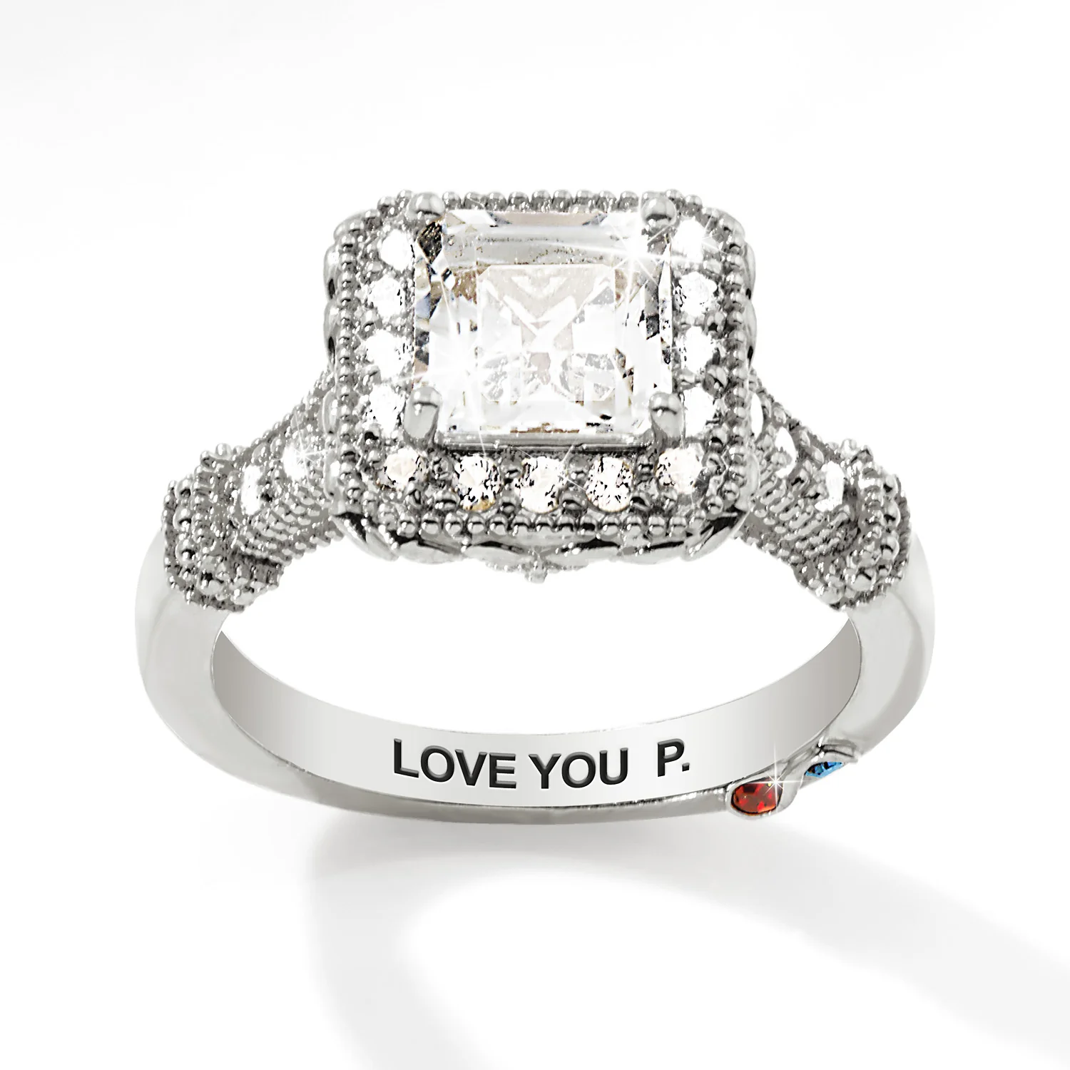Platinum over Sterling Halo Square White Topaz Vintage Hidden Messages Birthstone Ring - Image 4