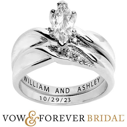 Platinum over Sterling Marquise White Topaz Diamond Accent 2-Piece Engraved Wedding Ring Set