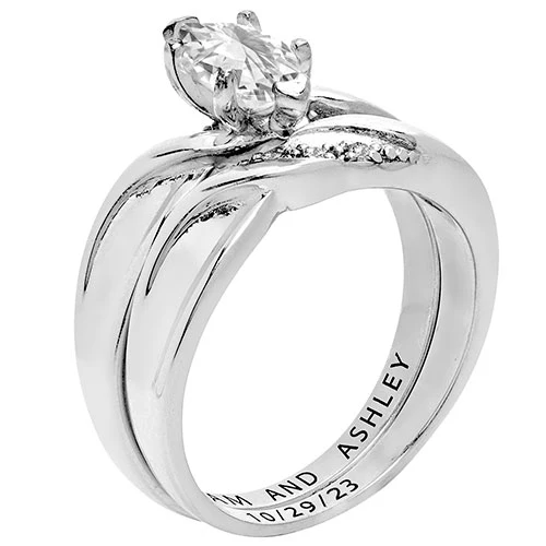 Platinum over Sterling Marquise White Topaz Diamond Accent 2-Piece Engraved Wedding Ring Set - Image 2