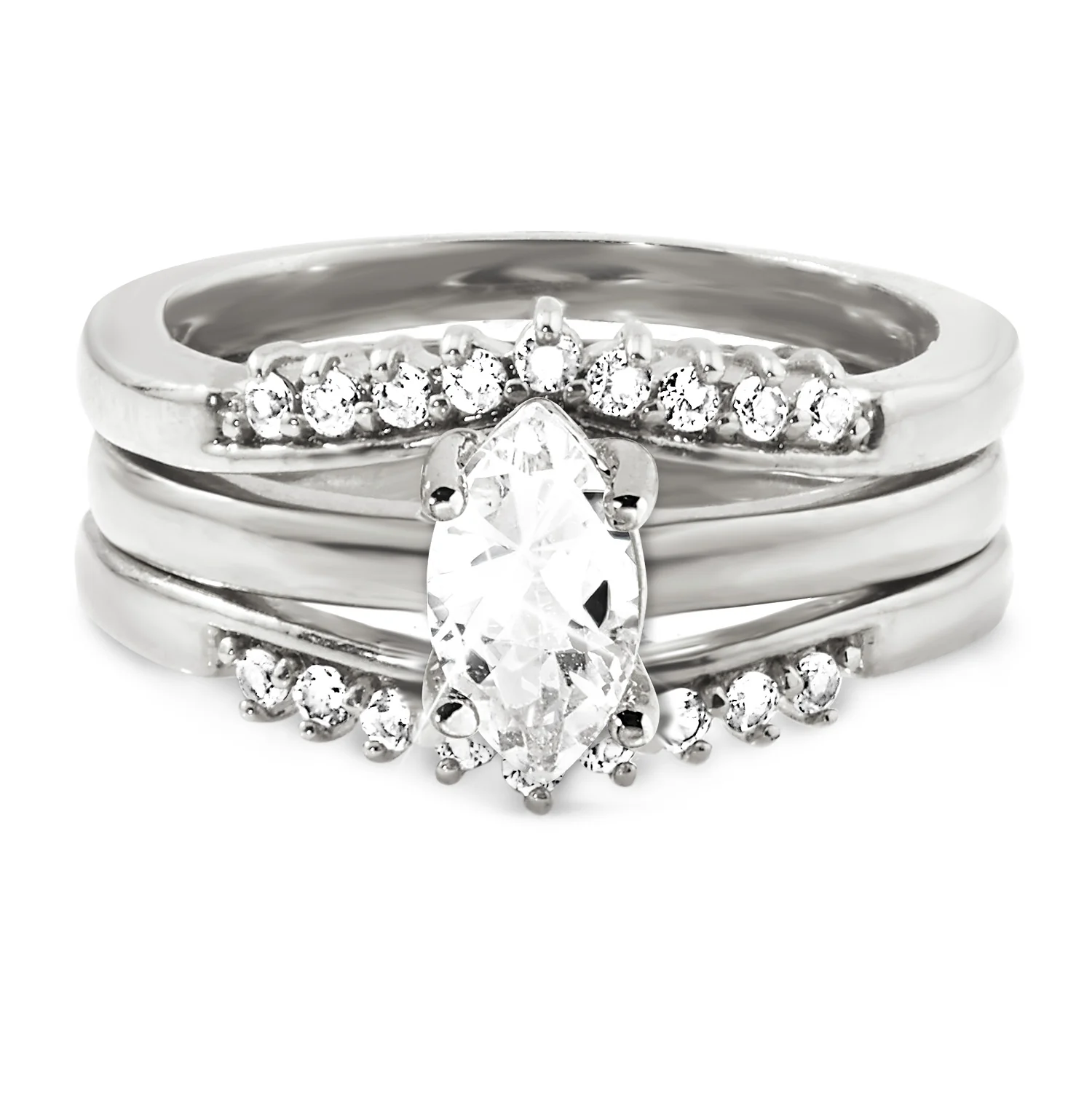 Platinum over Sterling Marquise White Topaz Solitaire with Enhancer Engraved Engagement Ring Set
