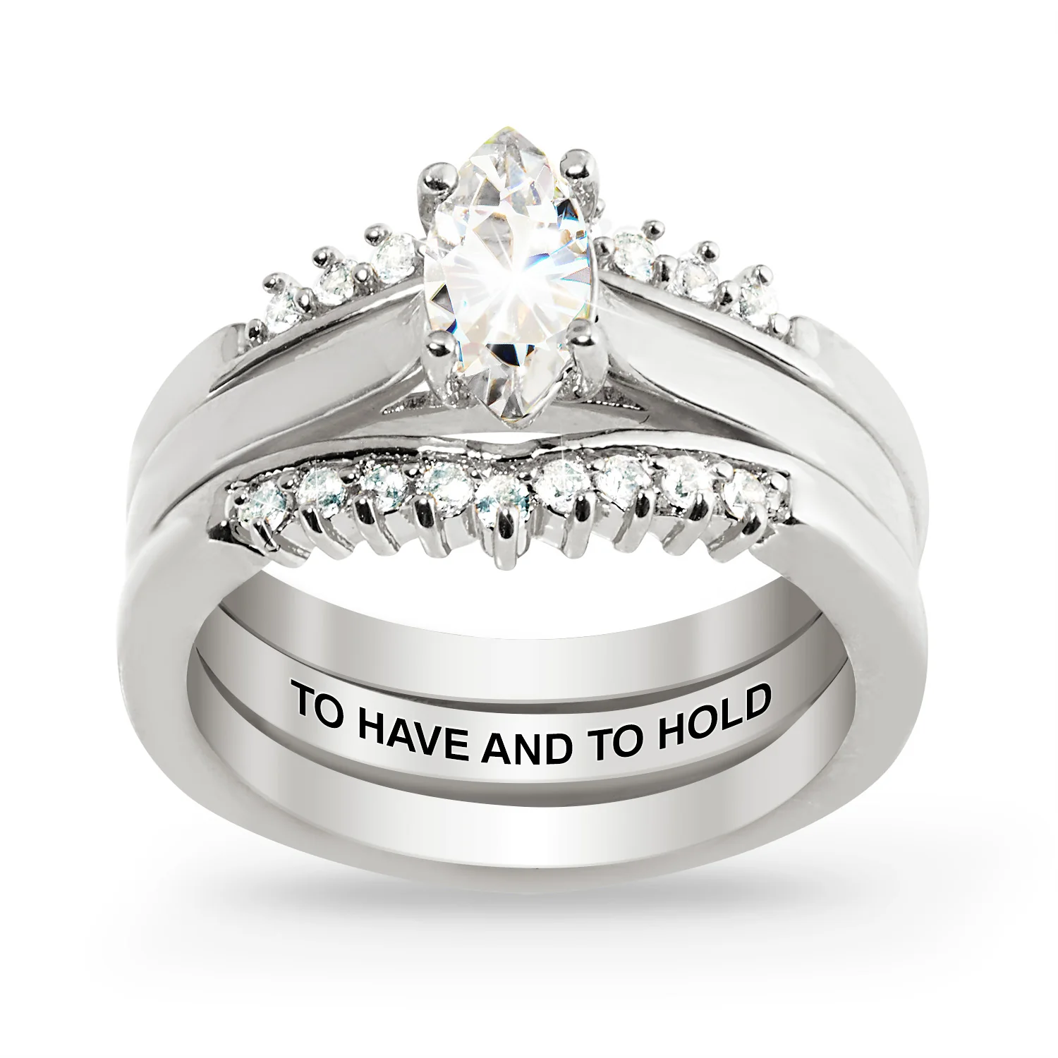 Platinum over Sterling Marquise White Topaz Solitaire with Enhancer Engraved Engagement Ring Set - Image 3