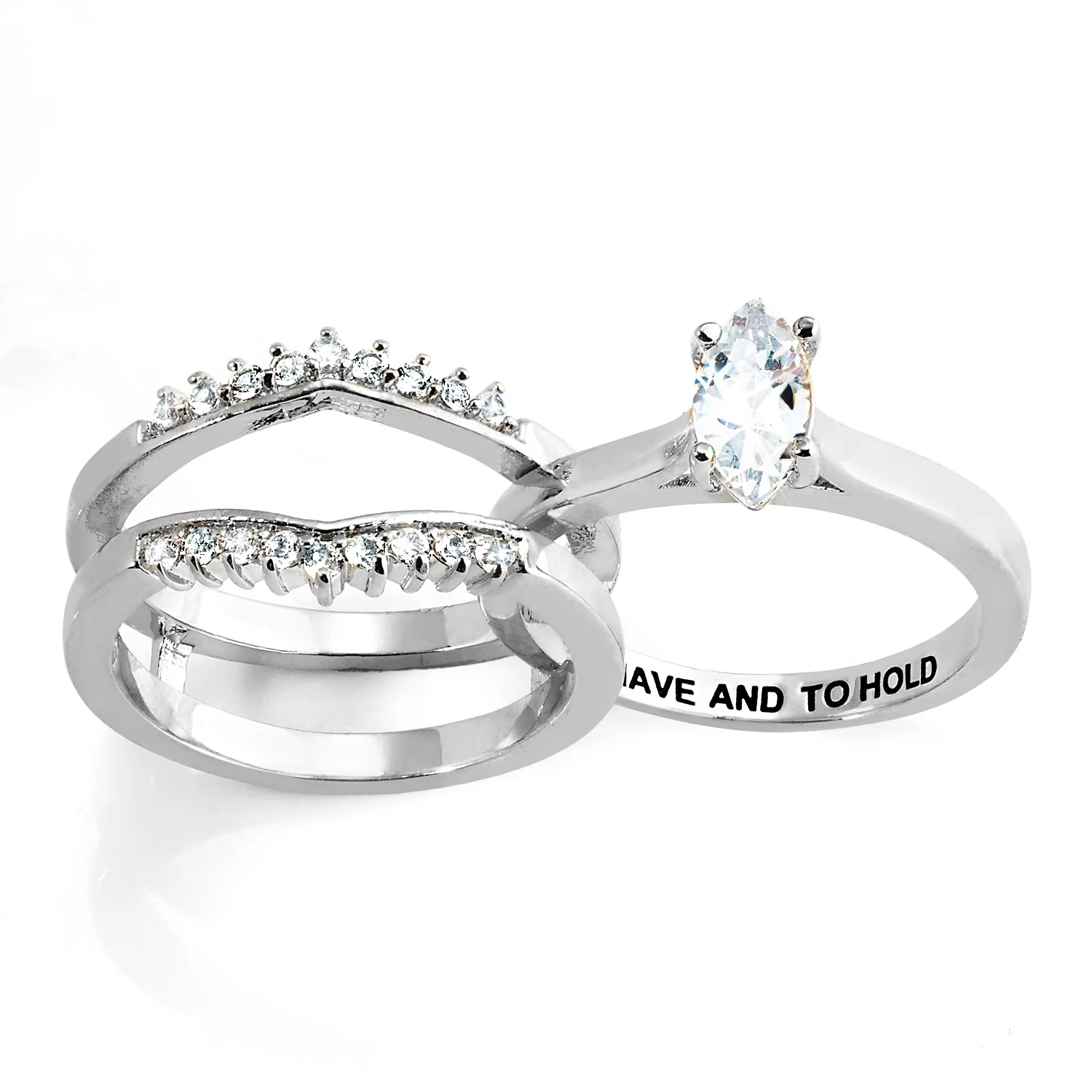 Platinum over Sterling Marquise White Topaz Solitaire with Enhancer Engraved Engagement Ring Set - Image 4