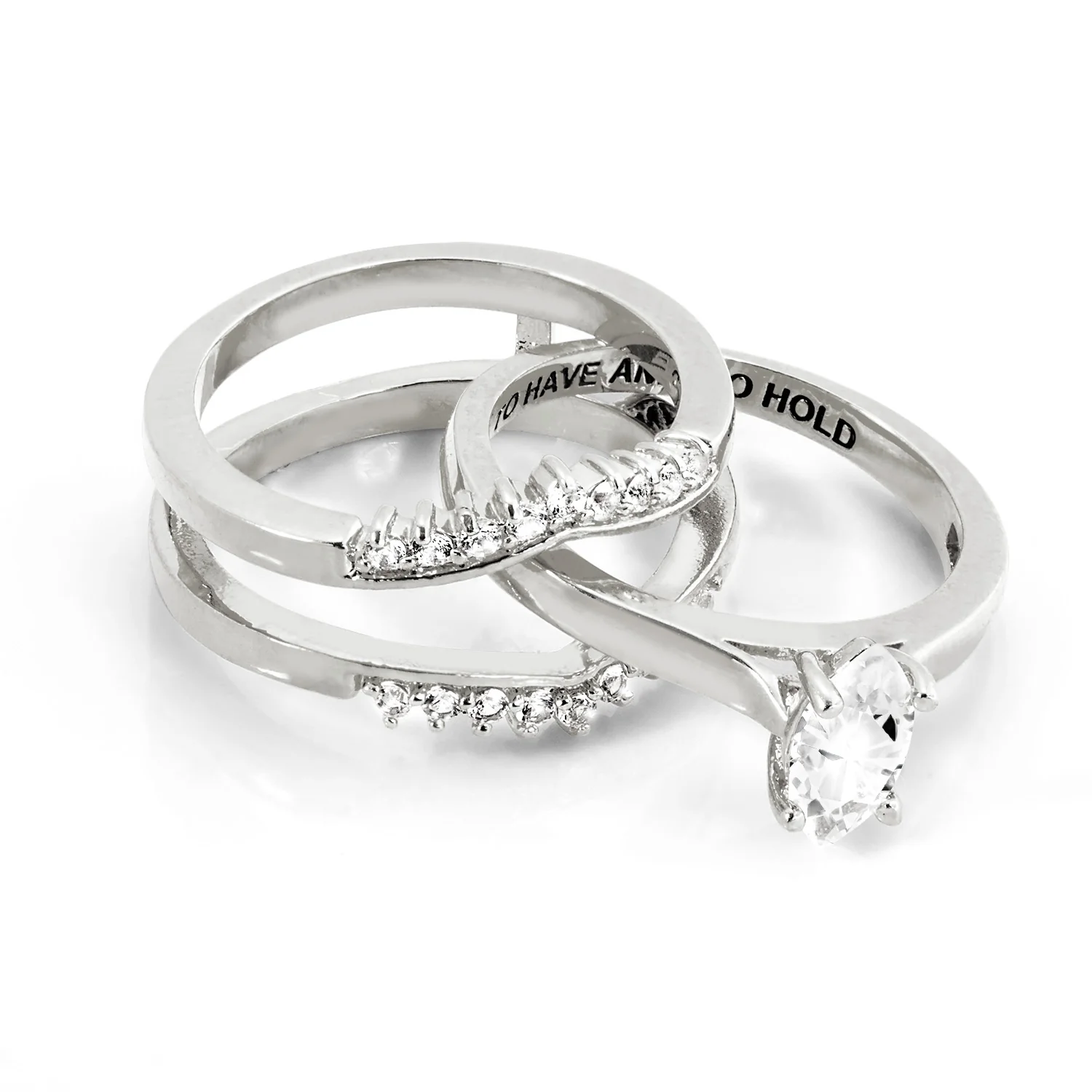 Platinum over Sterling Marquise White Topaz Solitaire with Enhancer Engraved Engagement Ring Set - Image 7