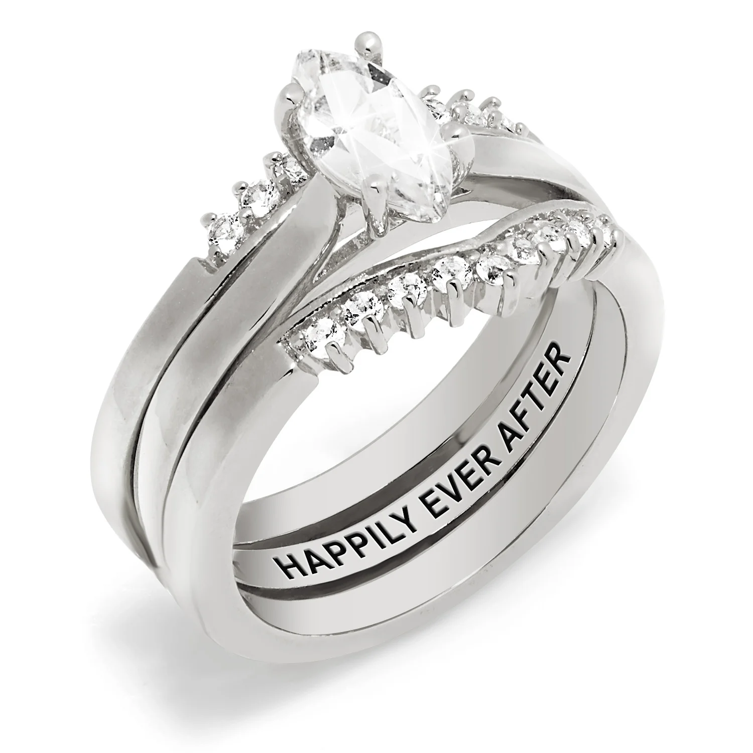 Platinum over Sterling Marquise White Topaz Solitaire with Enhancer Engraved Engagement Ring Set - Image 8