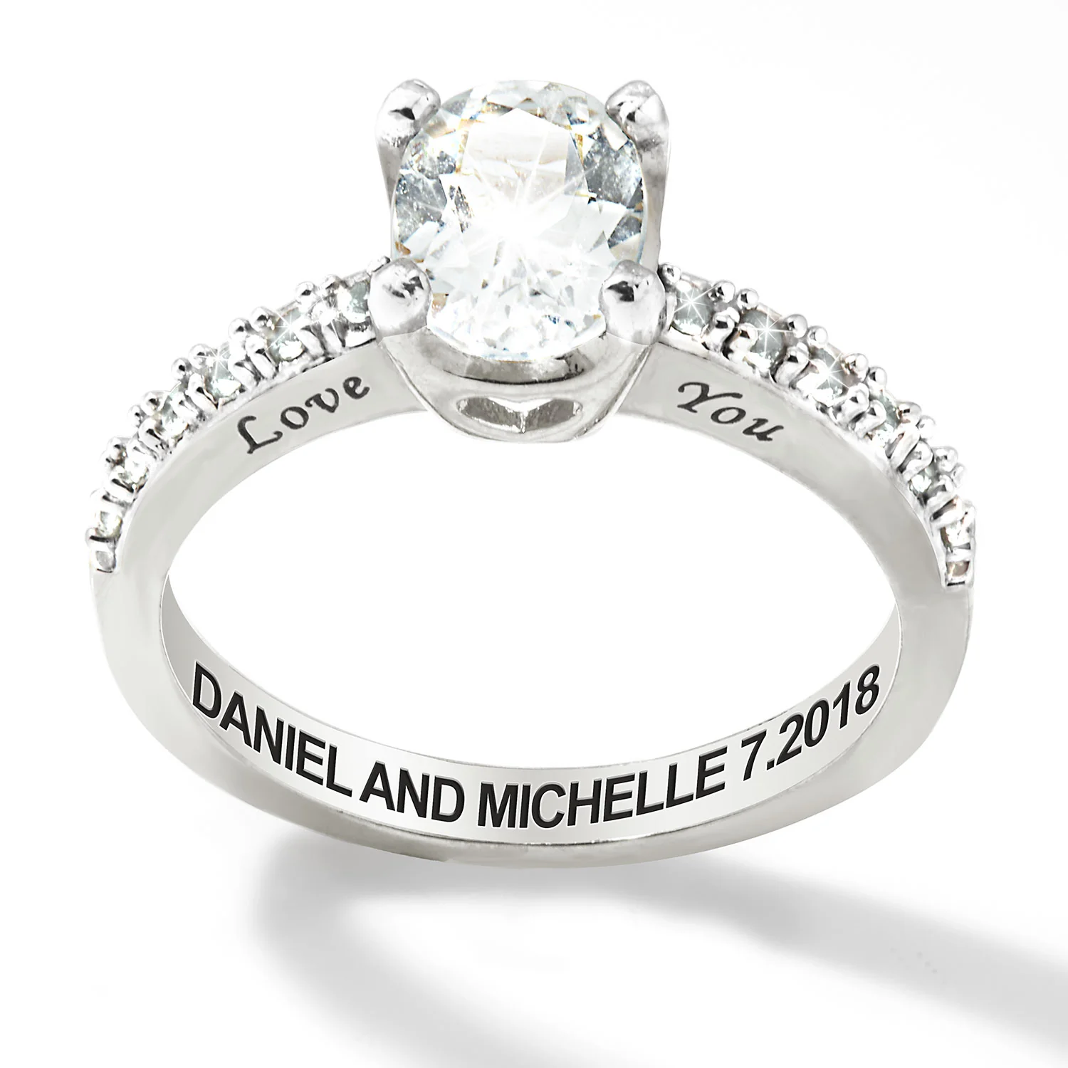 Platinum over Sterling Oval White Topaz Open Heart Engraved Wedding Ring - Image 3