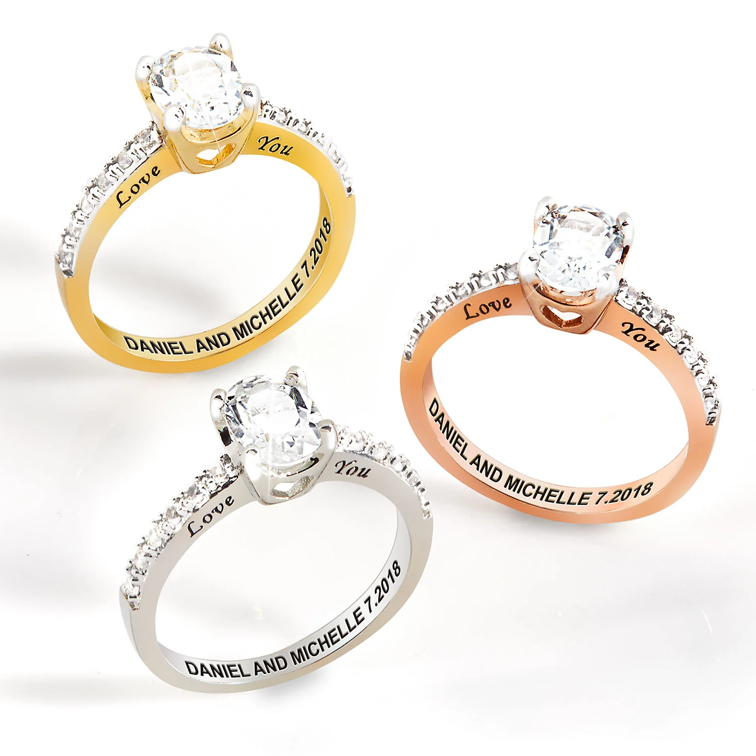 Platinum over Sterling Oval White Topaz Open Heart Engraved Wedding Ring - Image 5