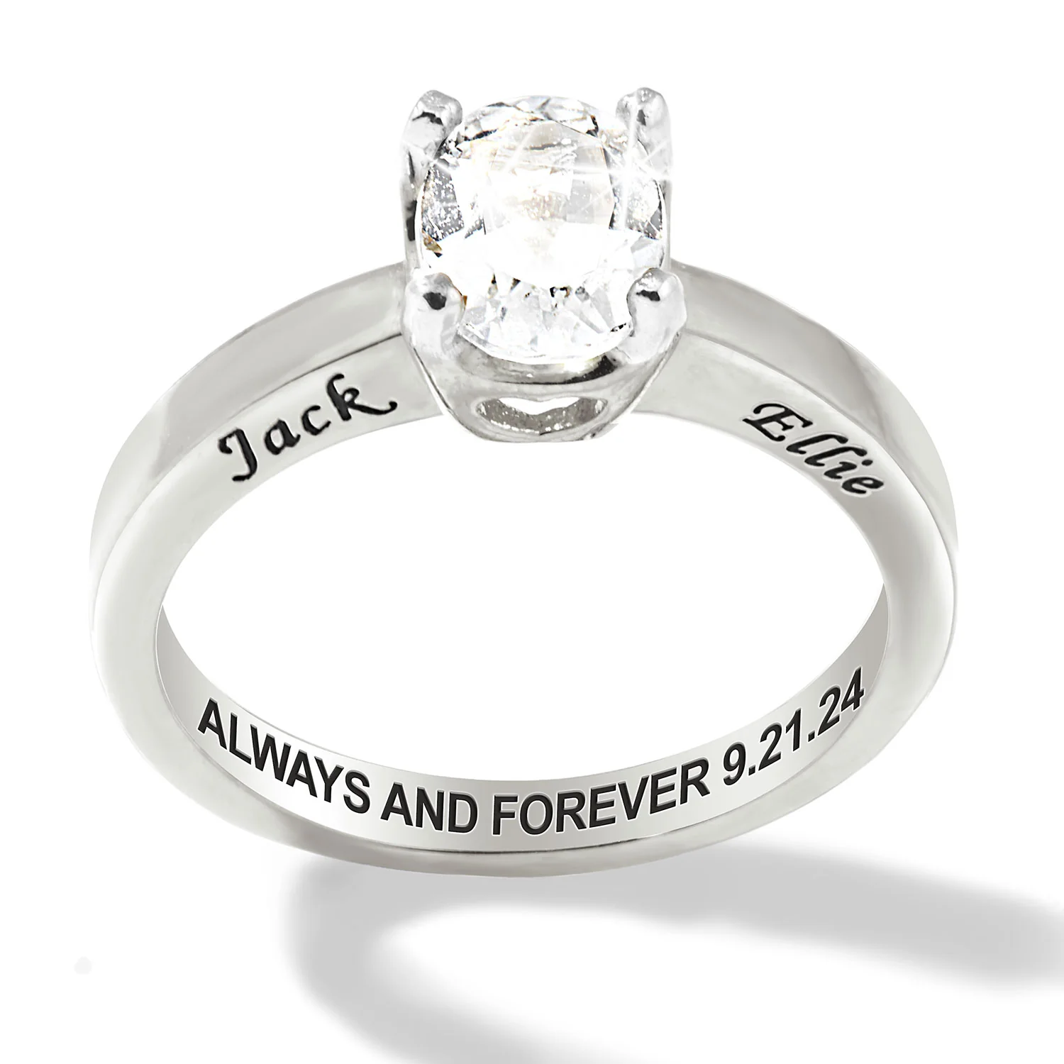 Platinum over Sterling Oval White Topaz Solitaire Open Heart Engraved Wedding Ring - Image 3