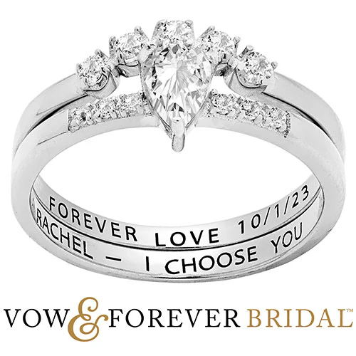 Platinum over Sterling Pear White Topaz 2 Piece Engraved Wedding Set