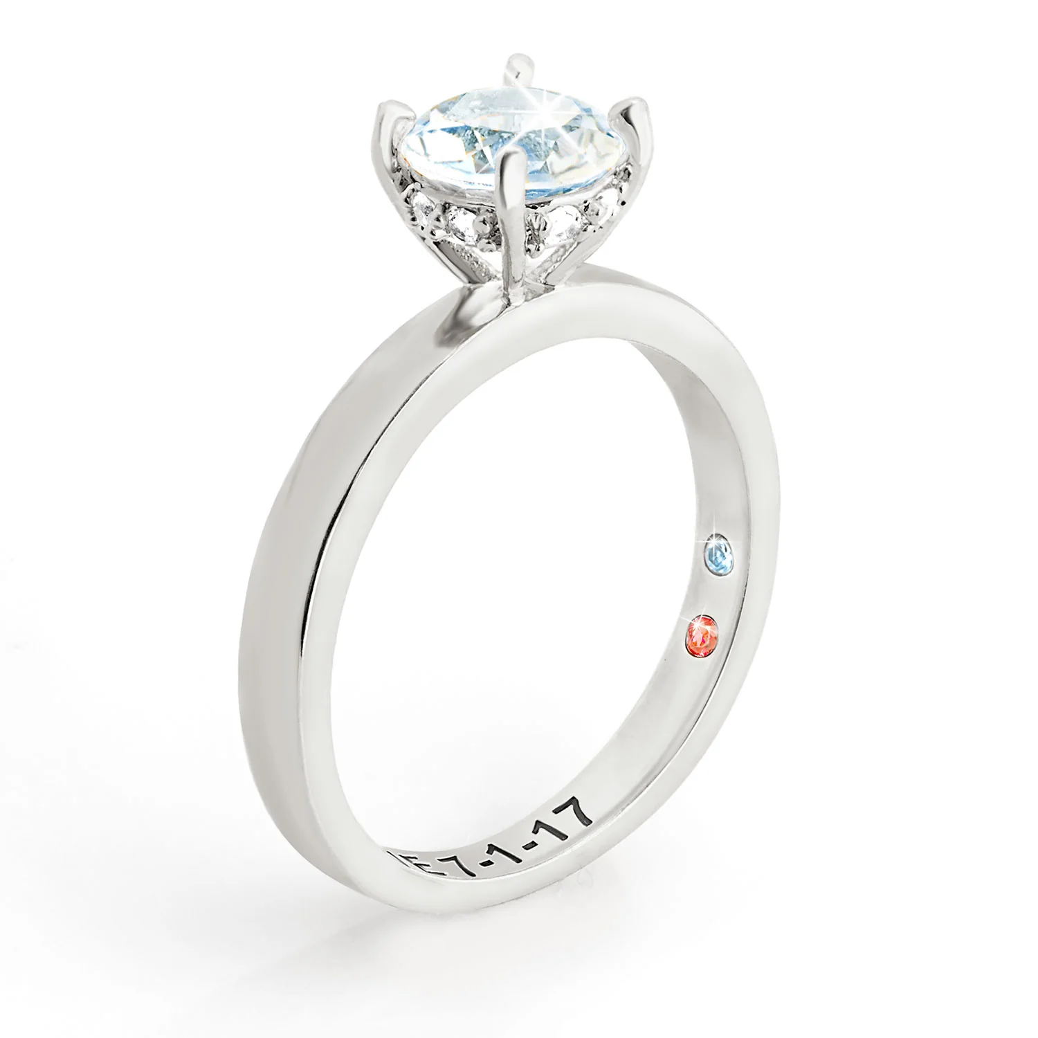 Platinum over Sterling Round Hidden Halo White Topaz Hidden Birthstone Engagement Ring - Image 4