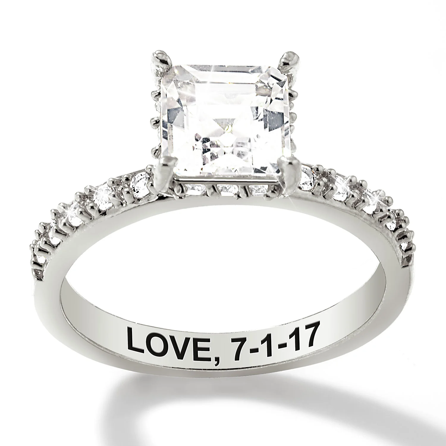 Platinum over Sterling Square Hidden Halo White Topaz Pave Band Engagement Ring - Image 3