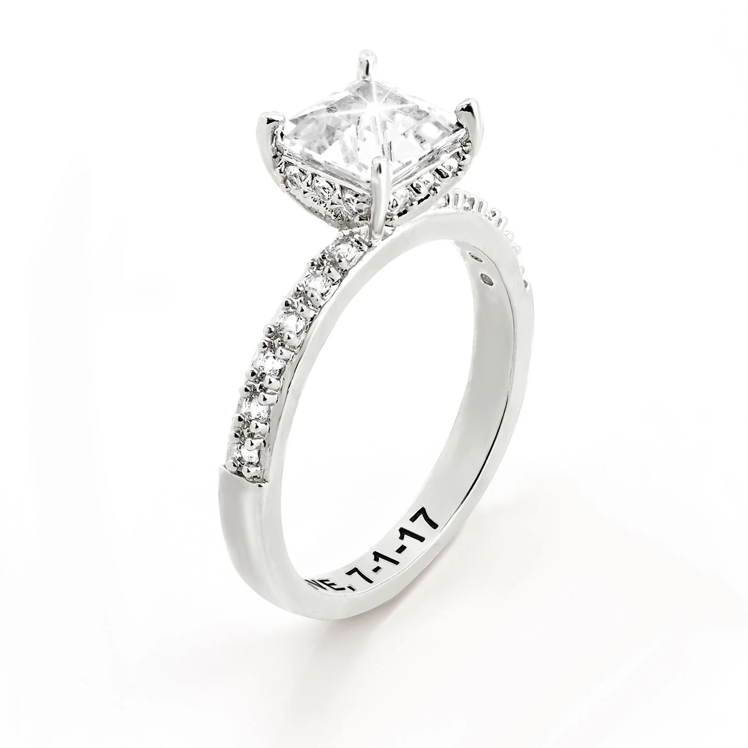 Platinum over Sterling Square Hidden Halo White Topaz Pave Band Engagement Ring - Image 4