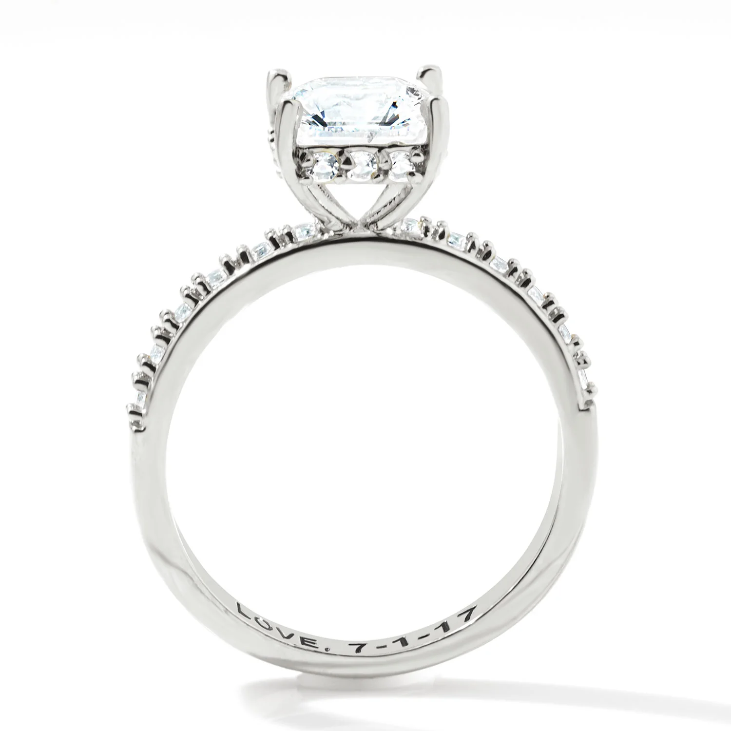 Platinum over Sterling Square Hidden Halo White Topaz Pave Band Engagement Ring - Image 5