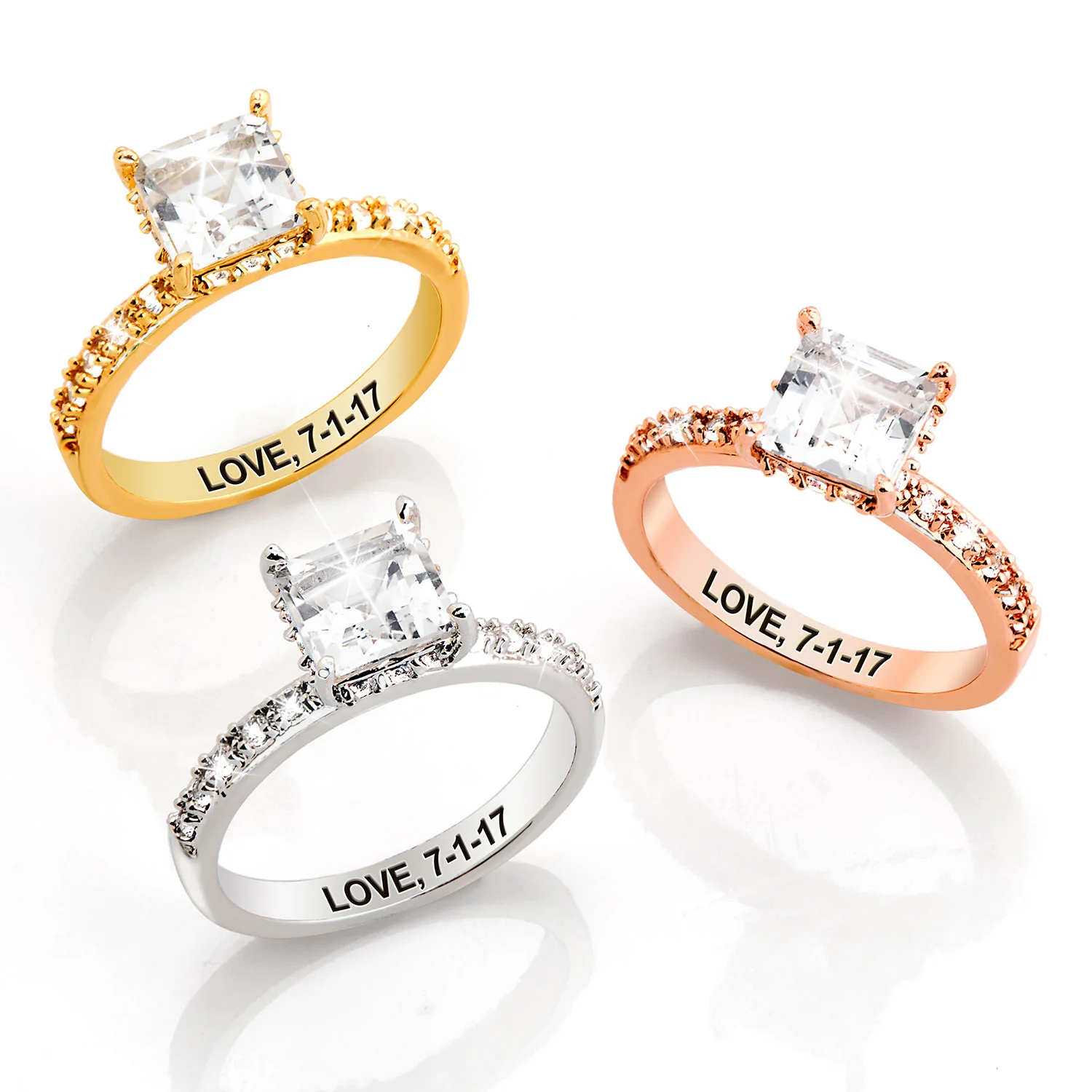 Platinum over Sterling Square Hidden Halo White Topaz Pave Band Engagement Ring - Image 6