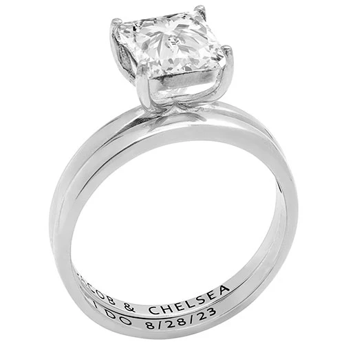 Platinum over Sterling  Square White Topaz 2-Piece Engraved Wedding Ring Set - Image 2