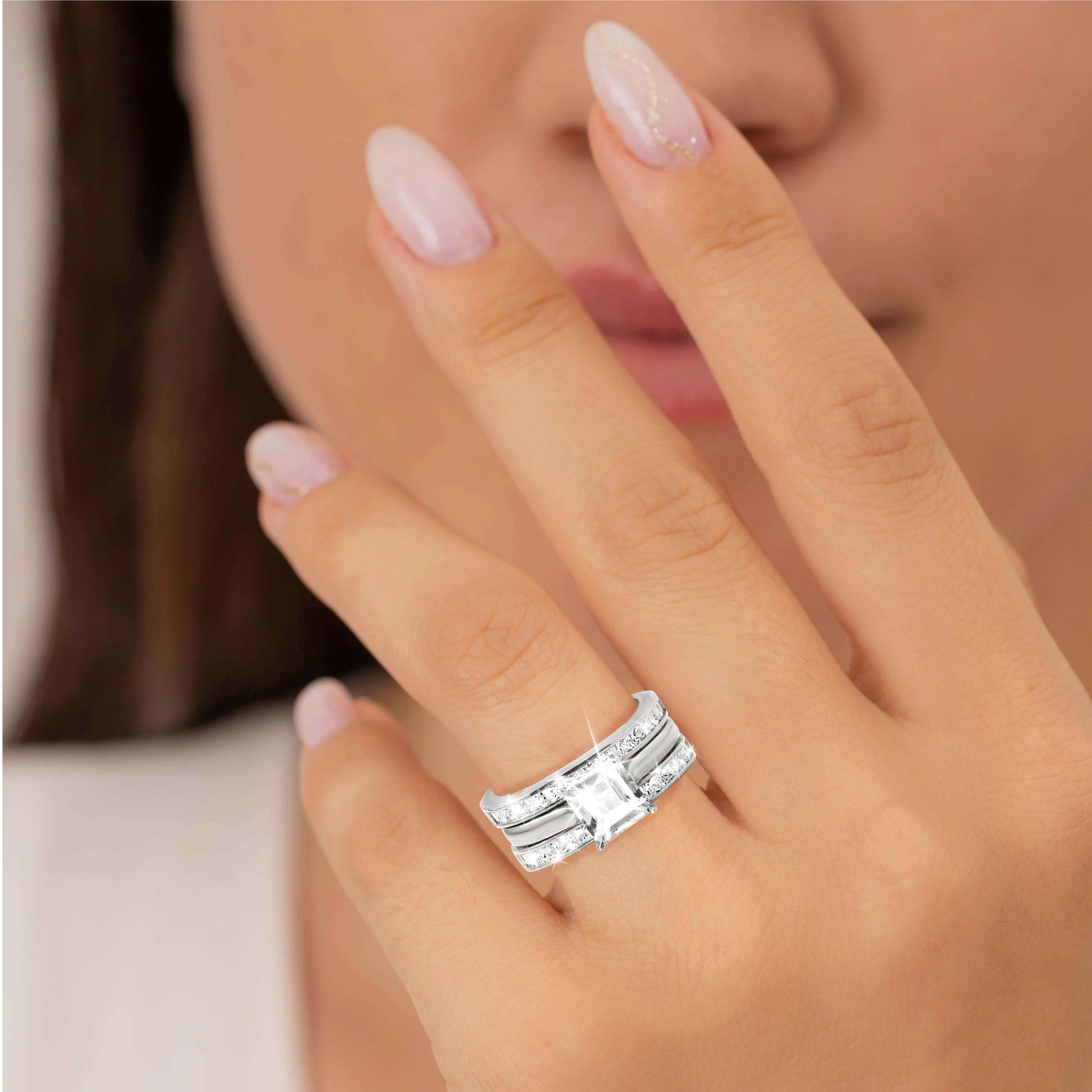 Platinum over Sterling Square White Topaz Engraved Enhancer Engagement Ring Set - Image 2