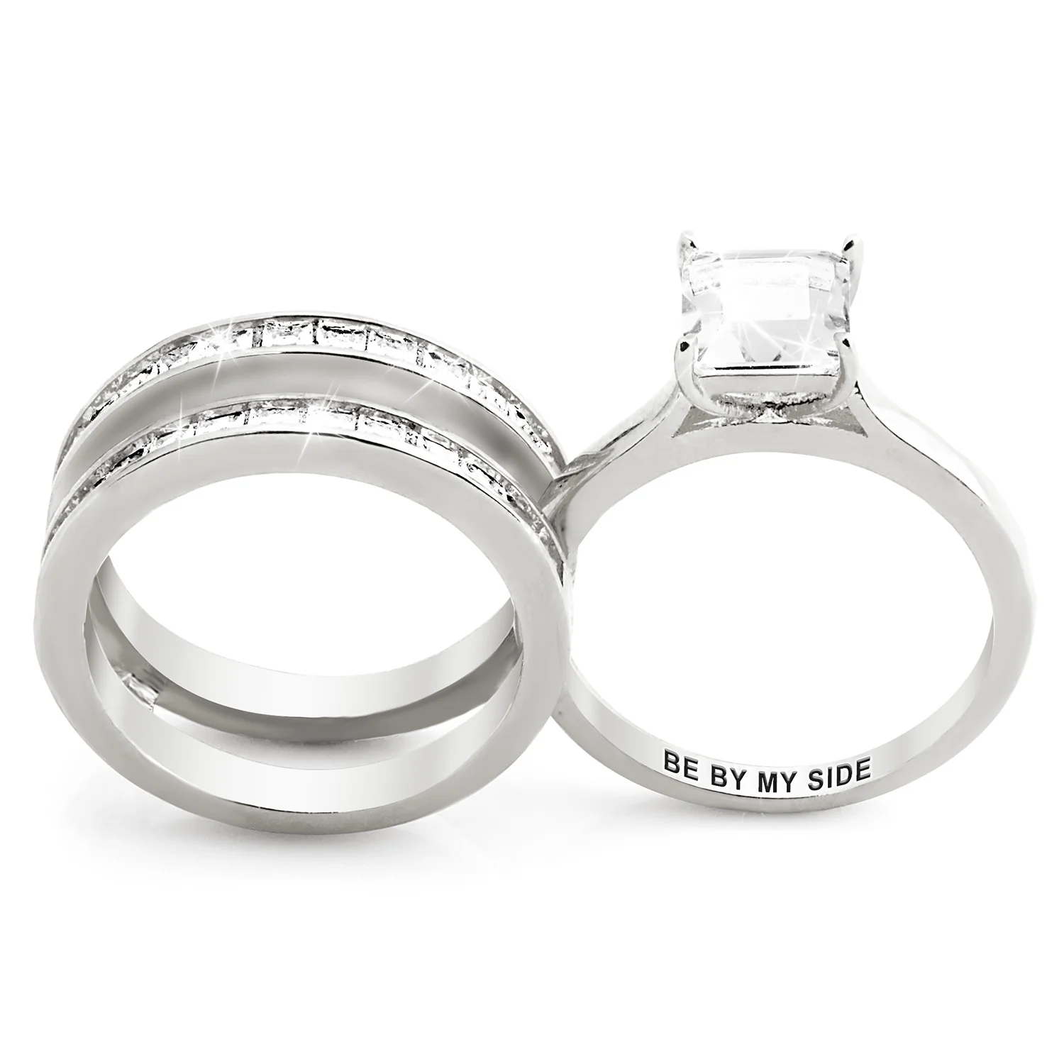Platinum over Sterling Square White Topaz Engraved Enhancer Engagement Ring Set - Image 4