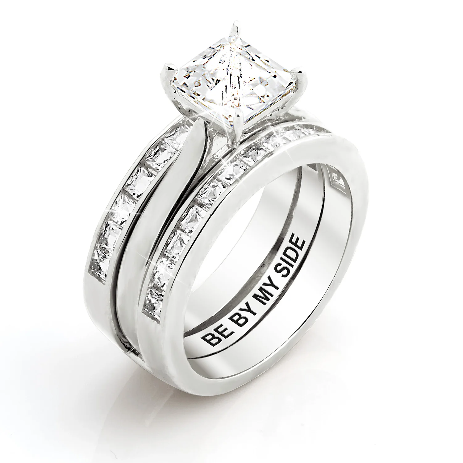 Platinum over Sterling Square White Topaz Engraved Enhancer Engagement Ring Set - Image 6