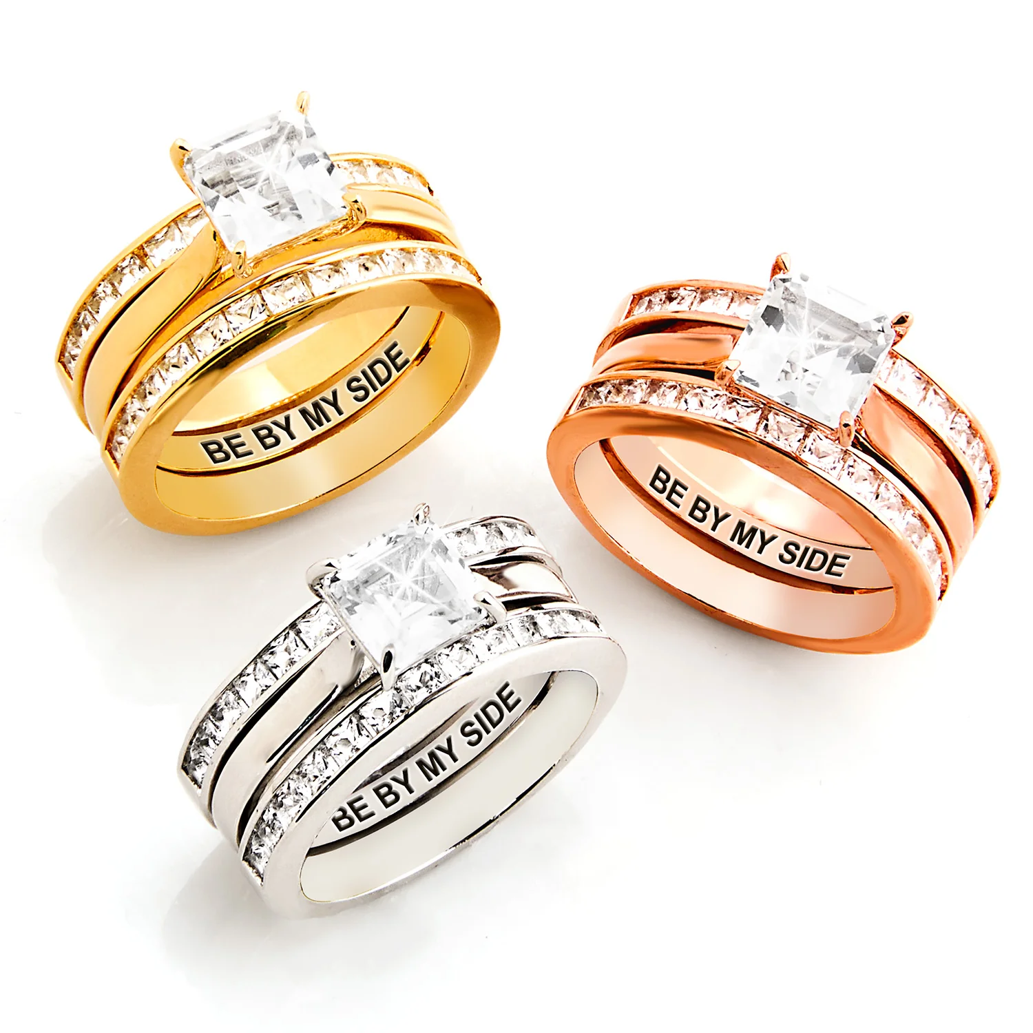 Platinum over Sterling Square White Topaz Engraved Enhancer Engagement Ring Set - Image 8