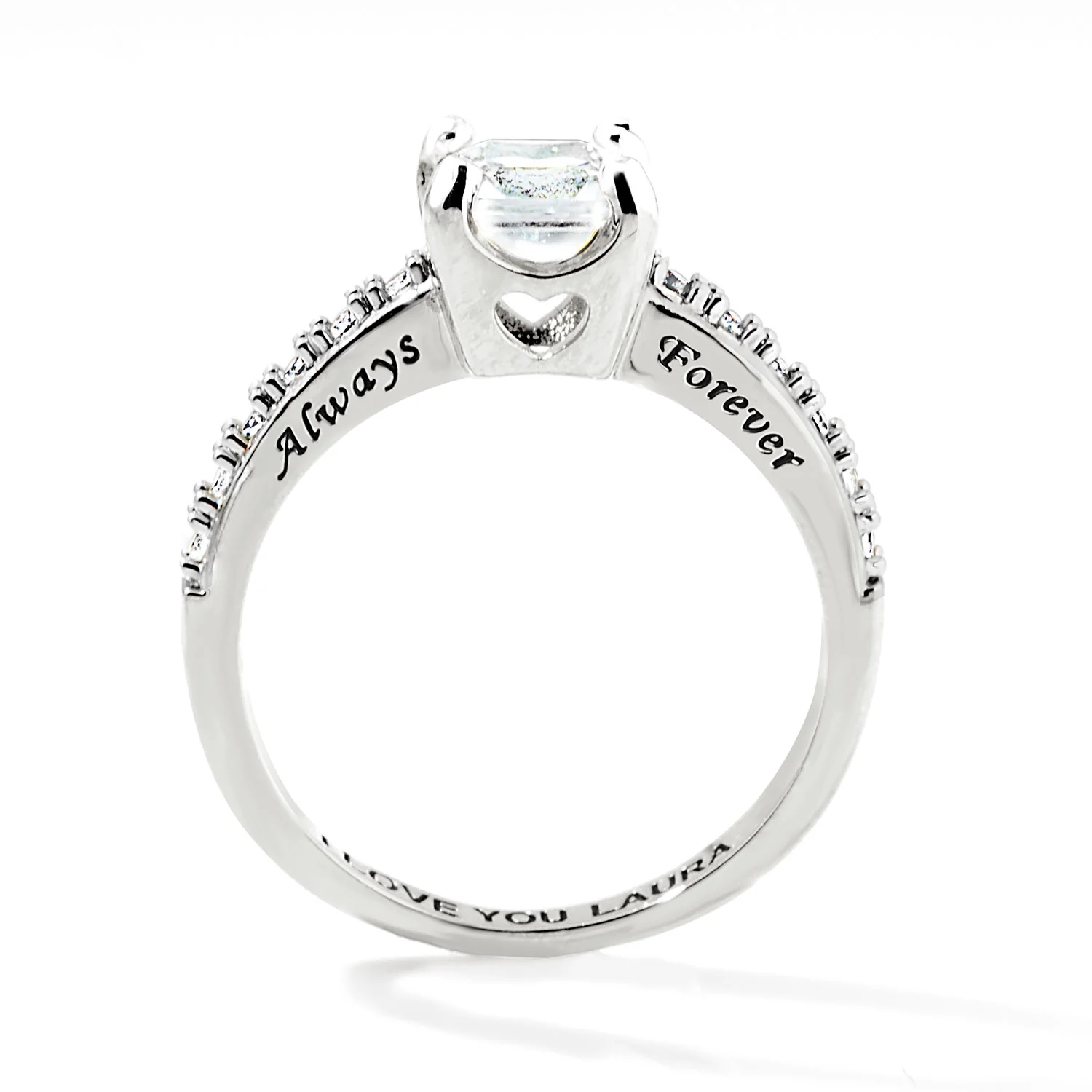 Platinum over Sterling Square White Topaz Open Heart Engraved Wedding Ring - Image 5