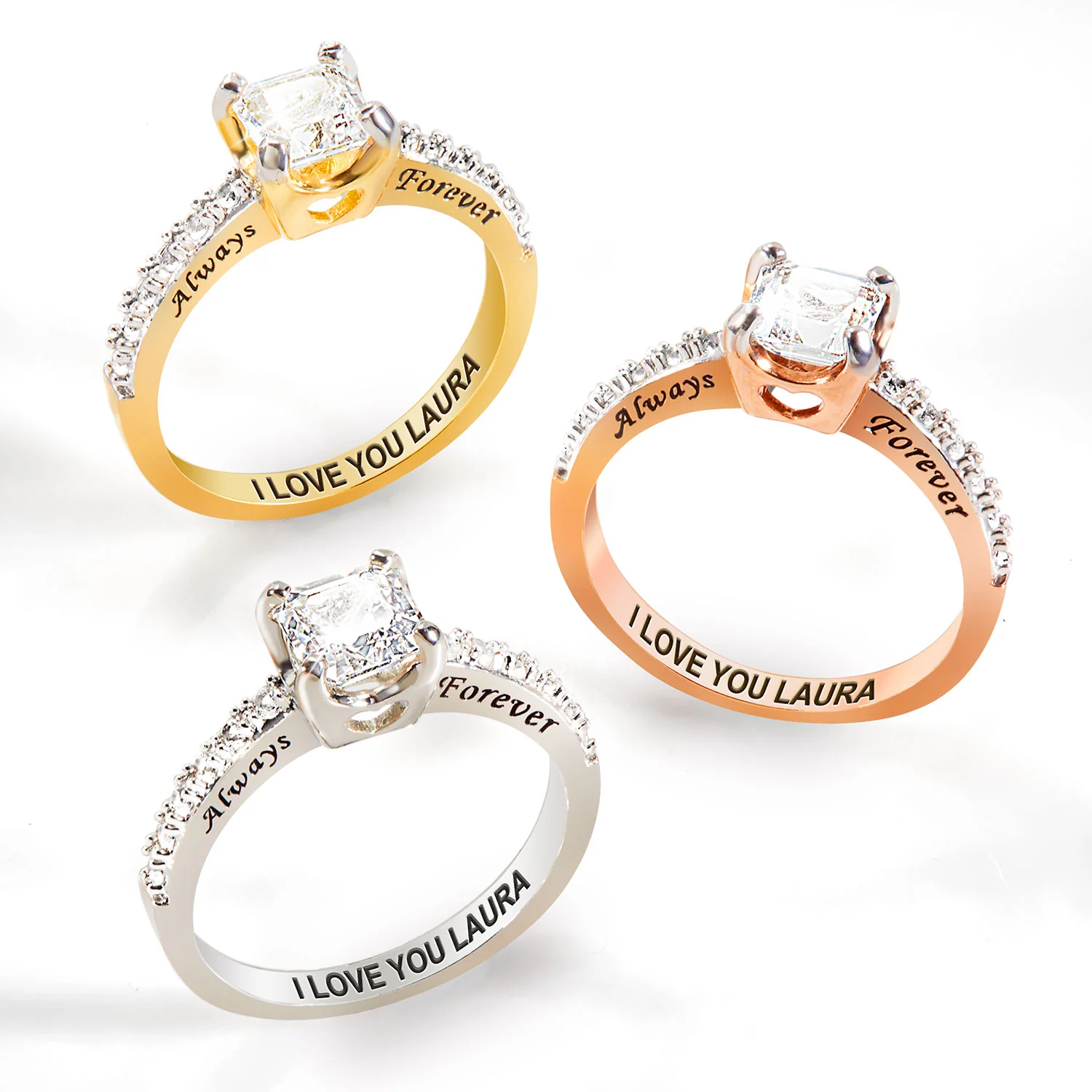 Platinum over Sterling Square White Topaz Open Heart Engraved Wedding Ring - Image 6