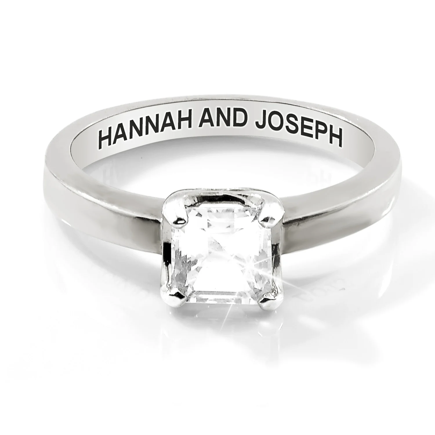 Platinum over Sterling Square White Topaz Solitaire Open Heart Engraved Wedding Ring