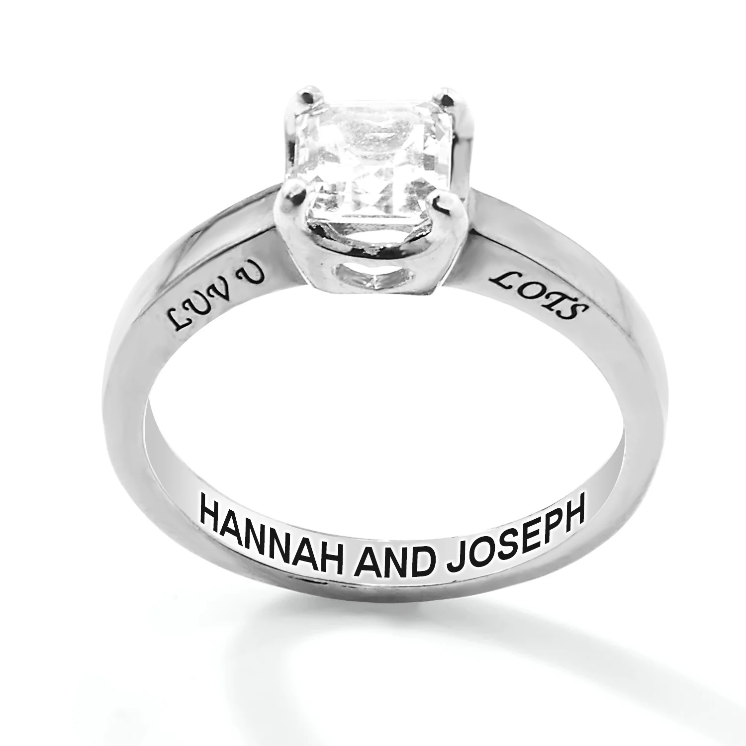 Platinum over Sterling Square White Topaz Solitaire Open Heart Engraved Wedding Ring - Image 6