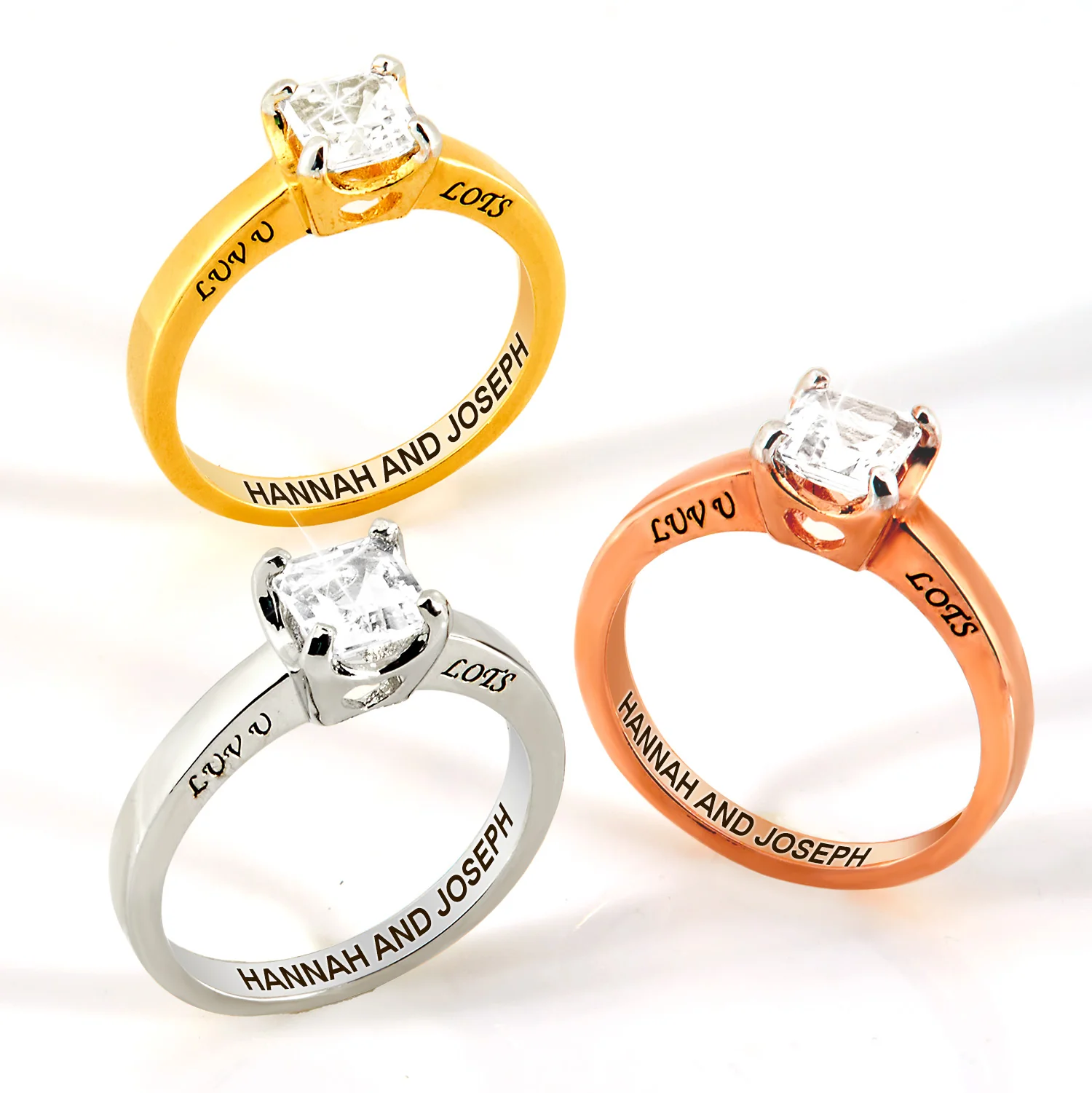 Platinum over Sterling Square White Topaz Solitaire Open Heart Engraved Wedding Ring - Image 7