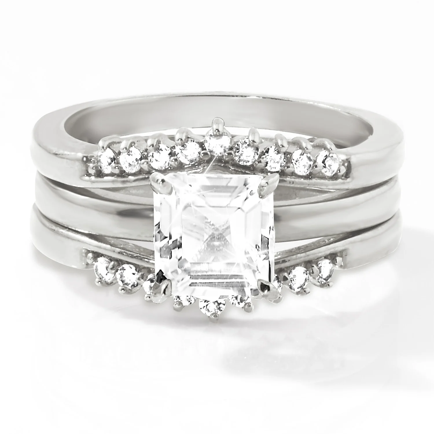 Platinum over Sterling Square White Topaz Solitaire with Enhancer Engraved Engagement Ring Set