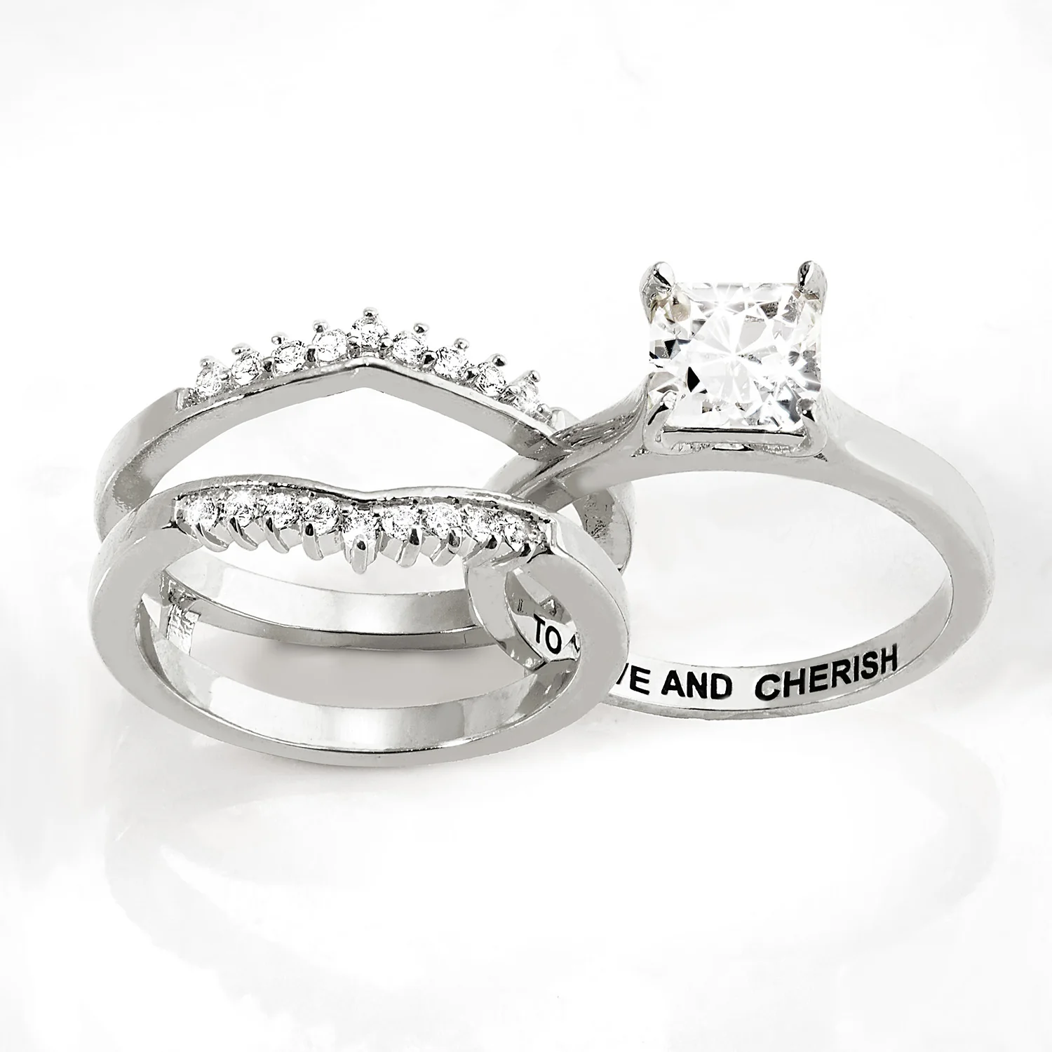Platinum over Sterling Square White Topaz Solitaire with Enhancer Engraved Engagement Ring Set - Image 4
