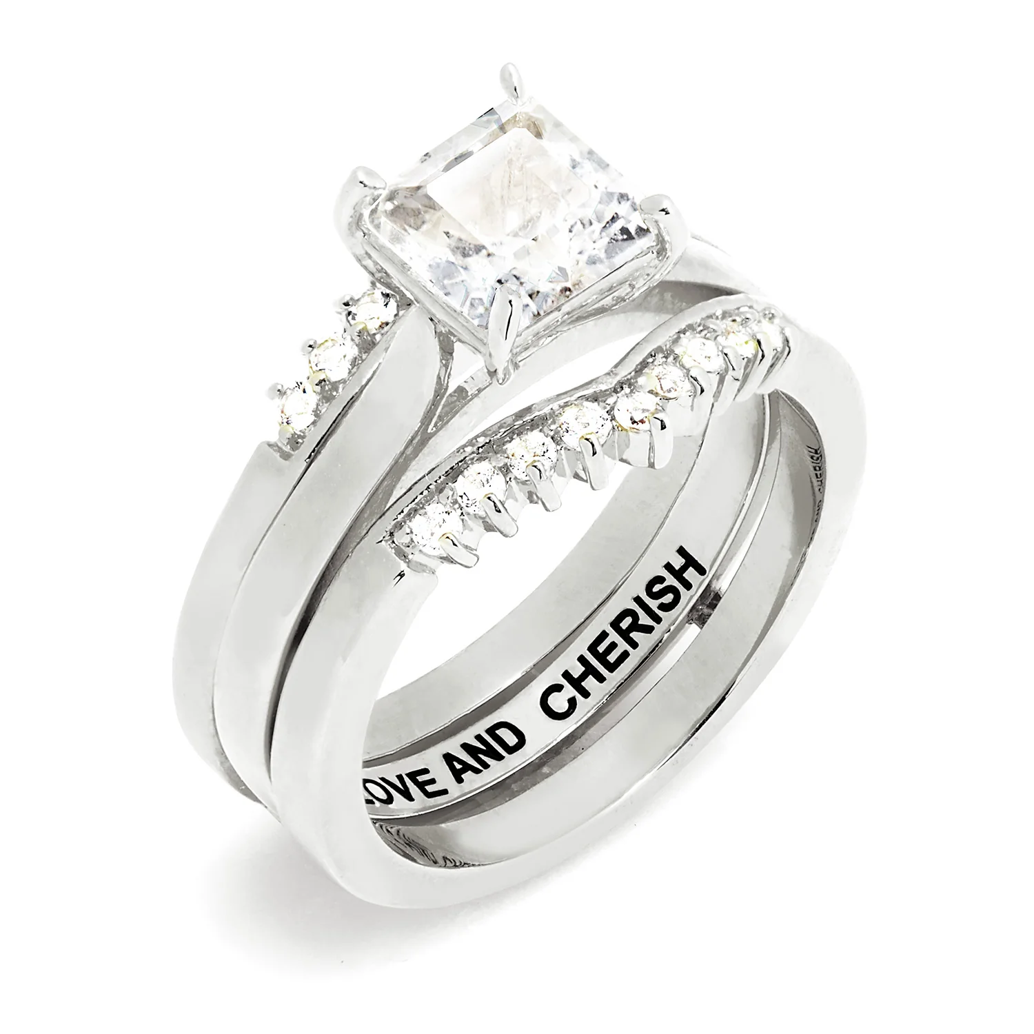 Platinum over Sterling Square White Topaz Solitaire with Enhancer Engraved Engagement Ring Set - Image 6