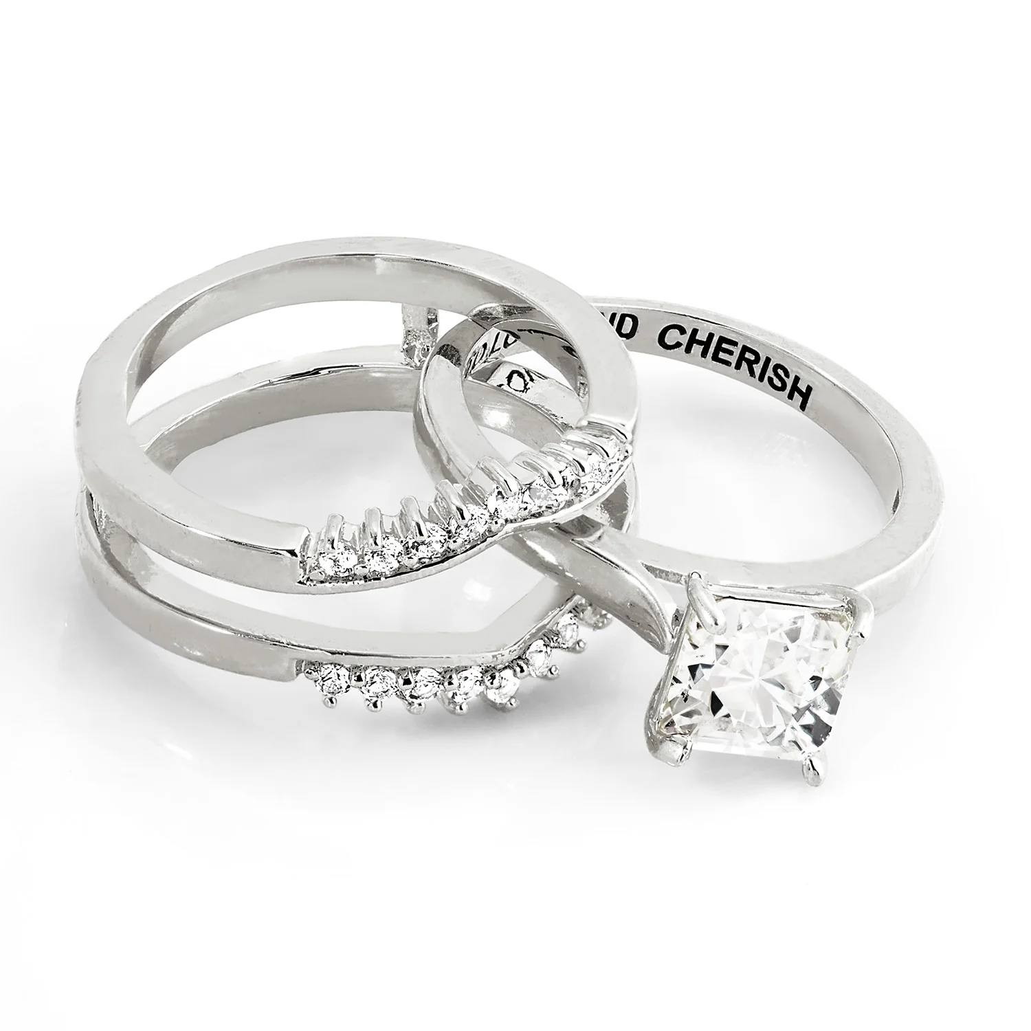 Platinum over Sterling Square White Topaz Solitaire with Enhancer Engraved Engagement Ring Set - Image 7
