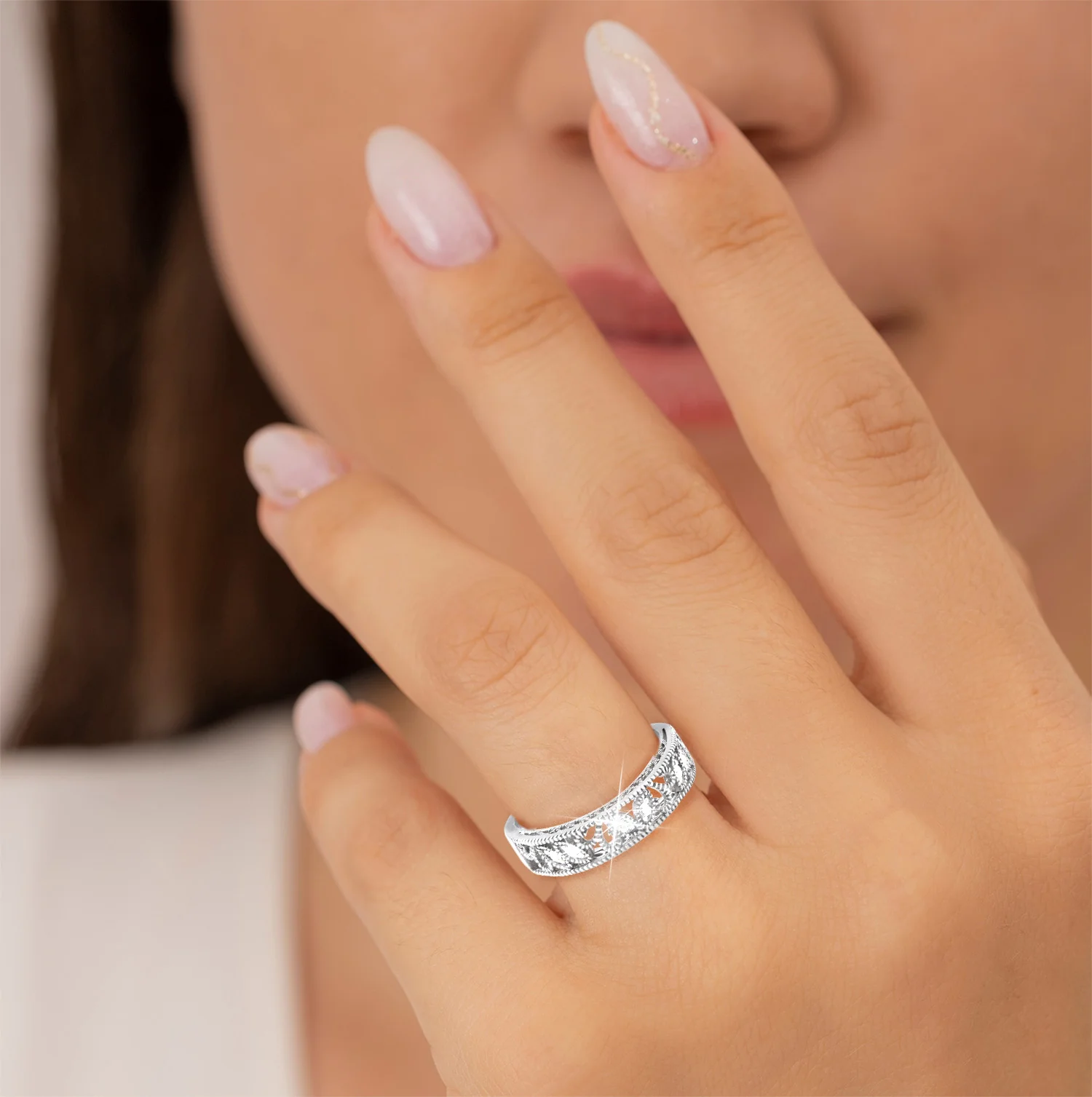Platinum over Sterling Vintage Filigree White Topaz Band Ring - Image 2