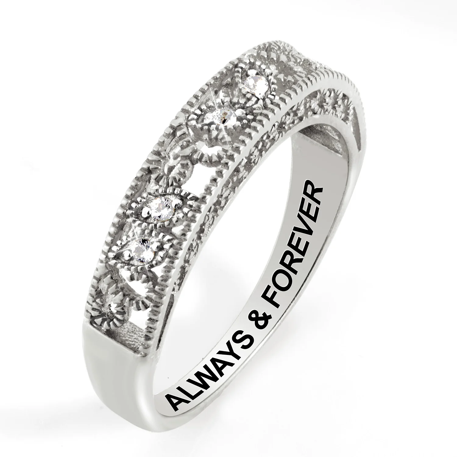 Platinum over Sterling Vintage Filigree White Topaz Band Ring - Image 3