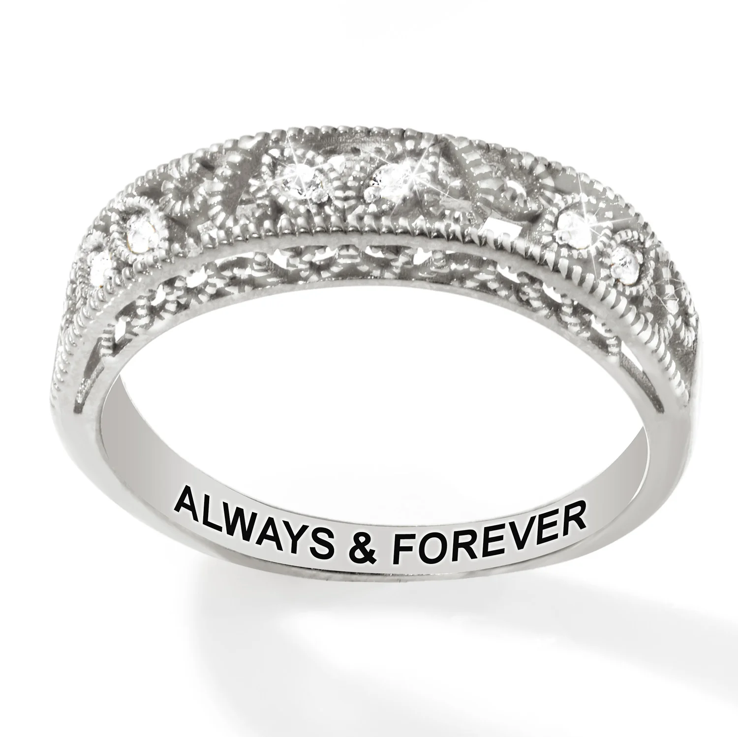 Platinum over Sterling Vintage Filigree White Topaz Band Ring - Image 4