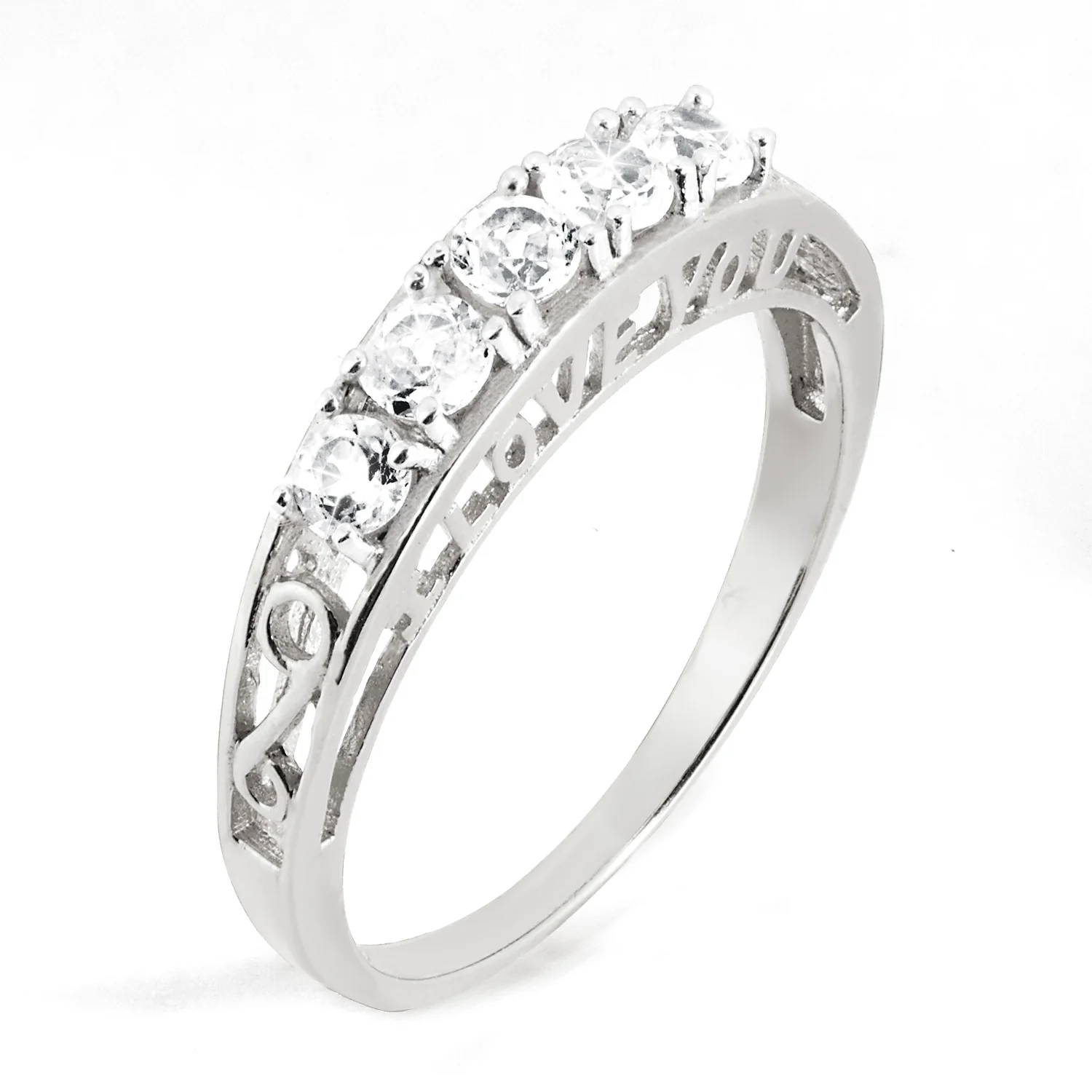 Platinum over Sterling White Topaz I LOVE YOU Hidden Message Band Ring - Image 4