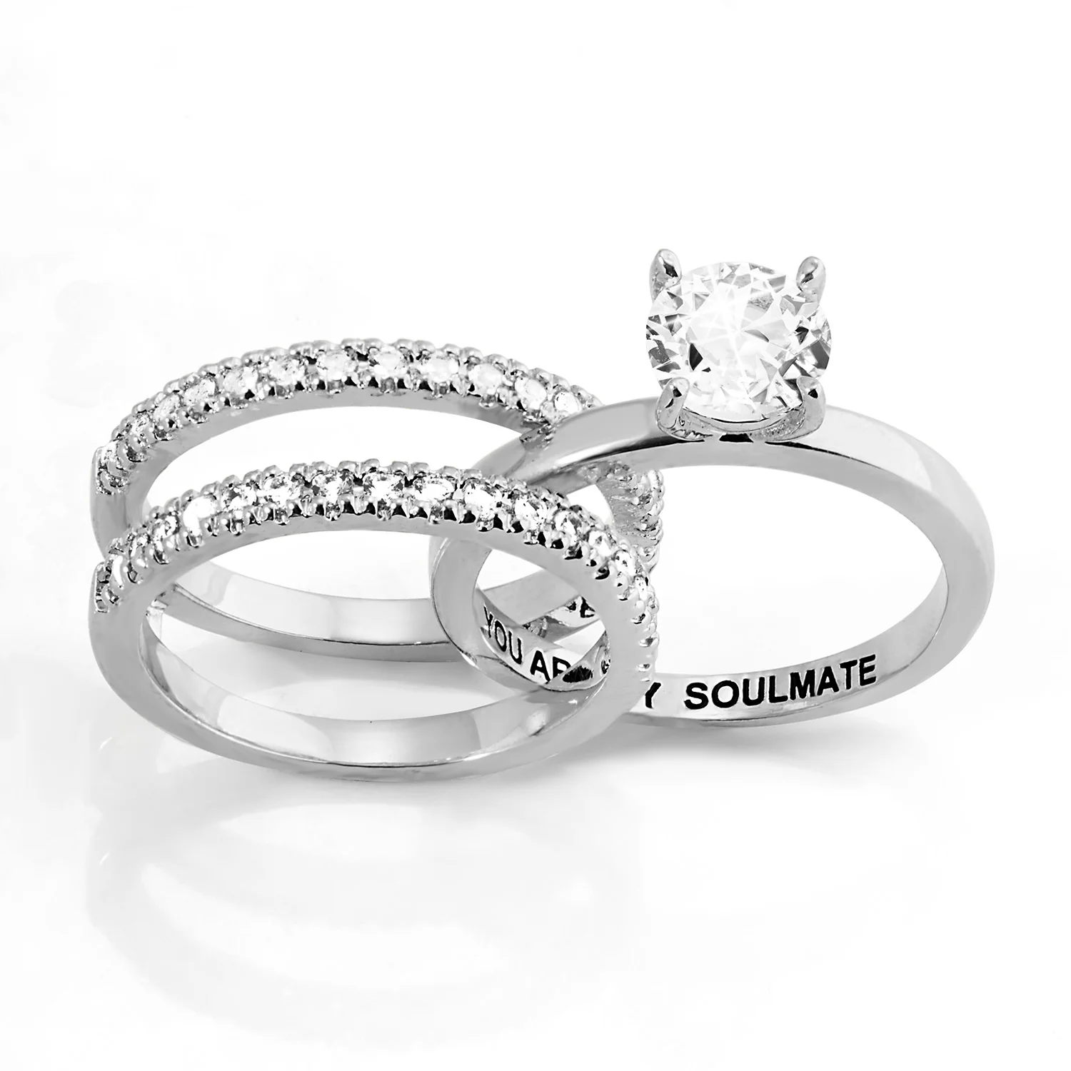 Platinum over Sterling White Topaz Solitaire with Enhancer Engraved Engagement Ring Set - Image 4