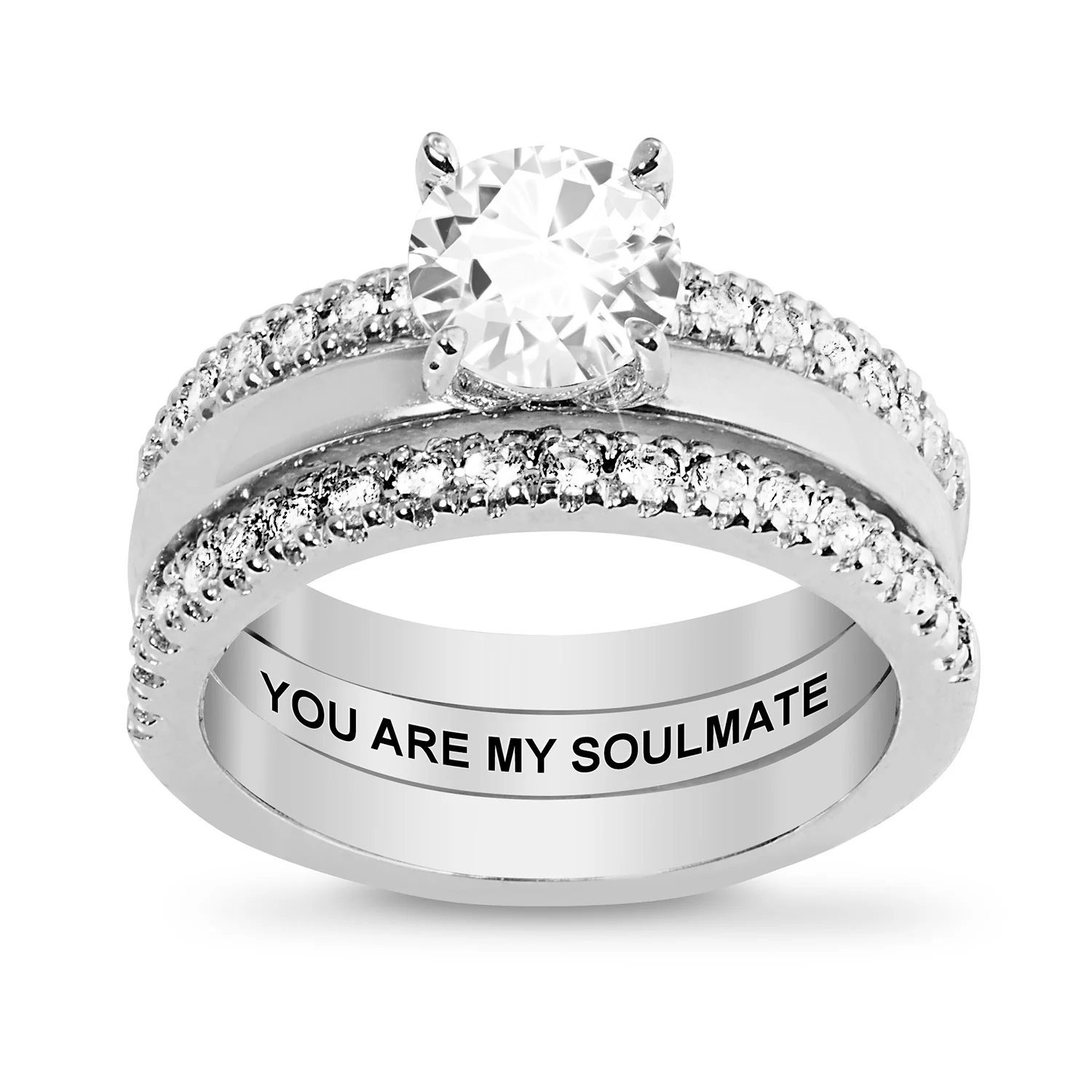 Platinum over Sterling White Topaz Solitaire with Enhancer Engraved Engagement Ring Set - Image 6
