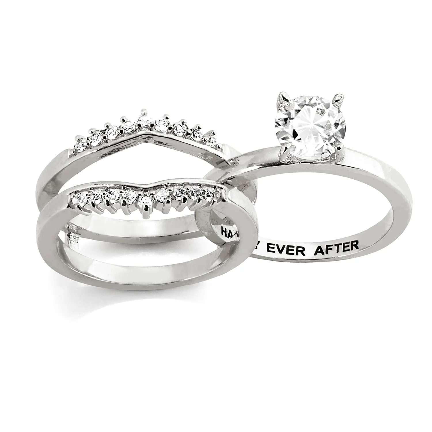 Platinum over Sterling White Topaz Solitaire with Enhancer Engraved Engagement Ring Set - Image 4