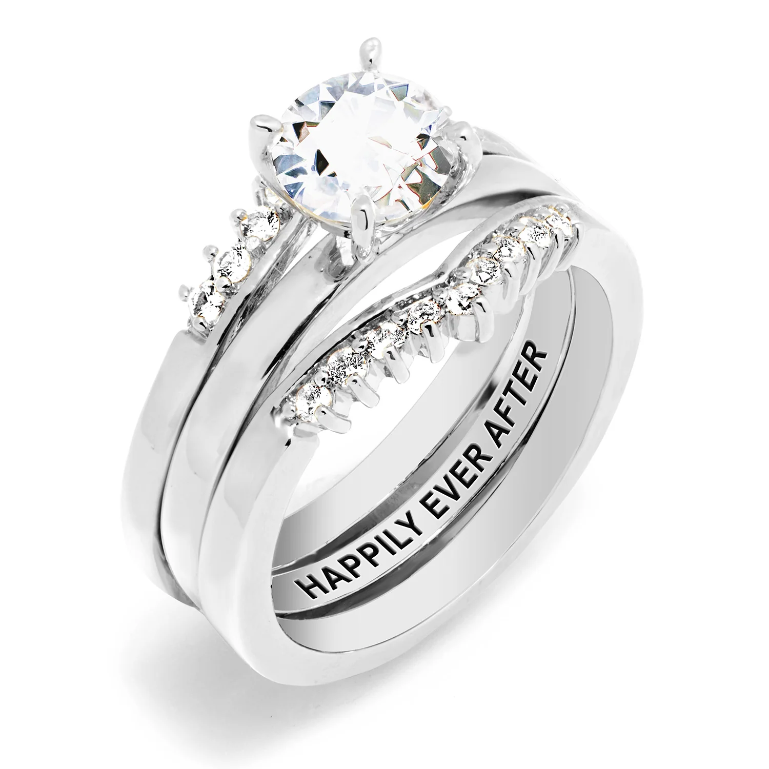 Platinum over Sterling White Topaz Solitaire with Enhancer Engraved Engagement Ring Set - Image 6