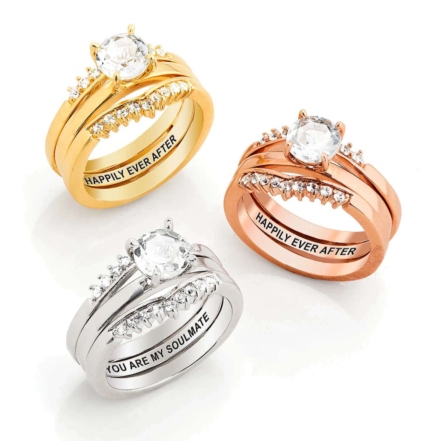 Platinum over Sterling White Topaz Solitaire with Enhancer Engraved Engagement Ring Set - Image 8